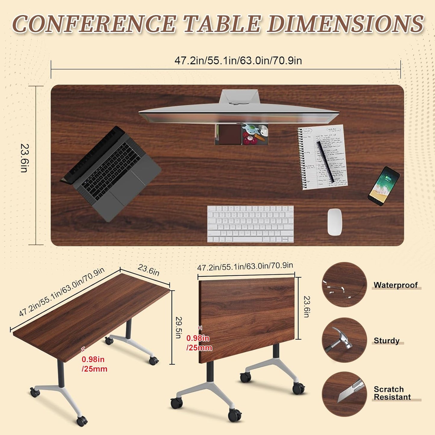Folding Conference Room Table, Modern Conference Tables with Wheels, Large Rectangular Mobile Training Tables for Office Classroom, Foldable Modular Boardroom Seminar Table (2pack L55.1in)