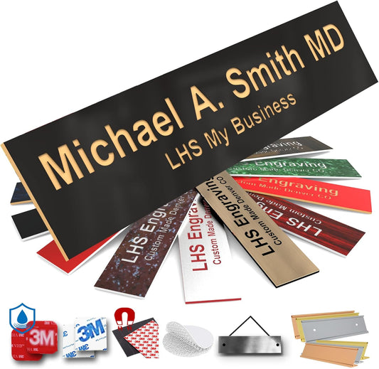 Engraved Door Signs for Office Personalized Black Plastic Door Plaque Gold Letters - Made in USA 2x10 B3