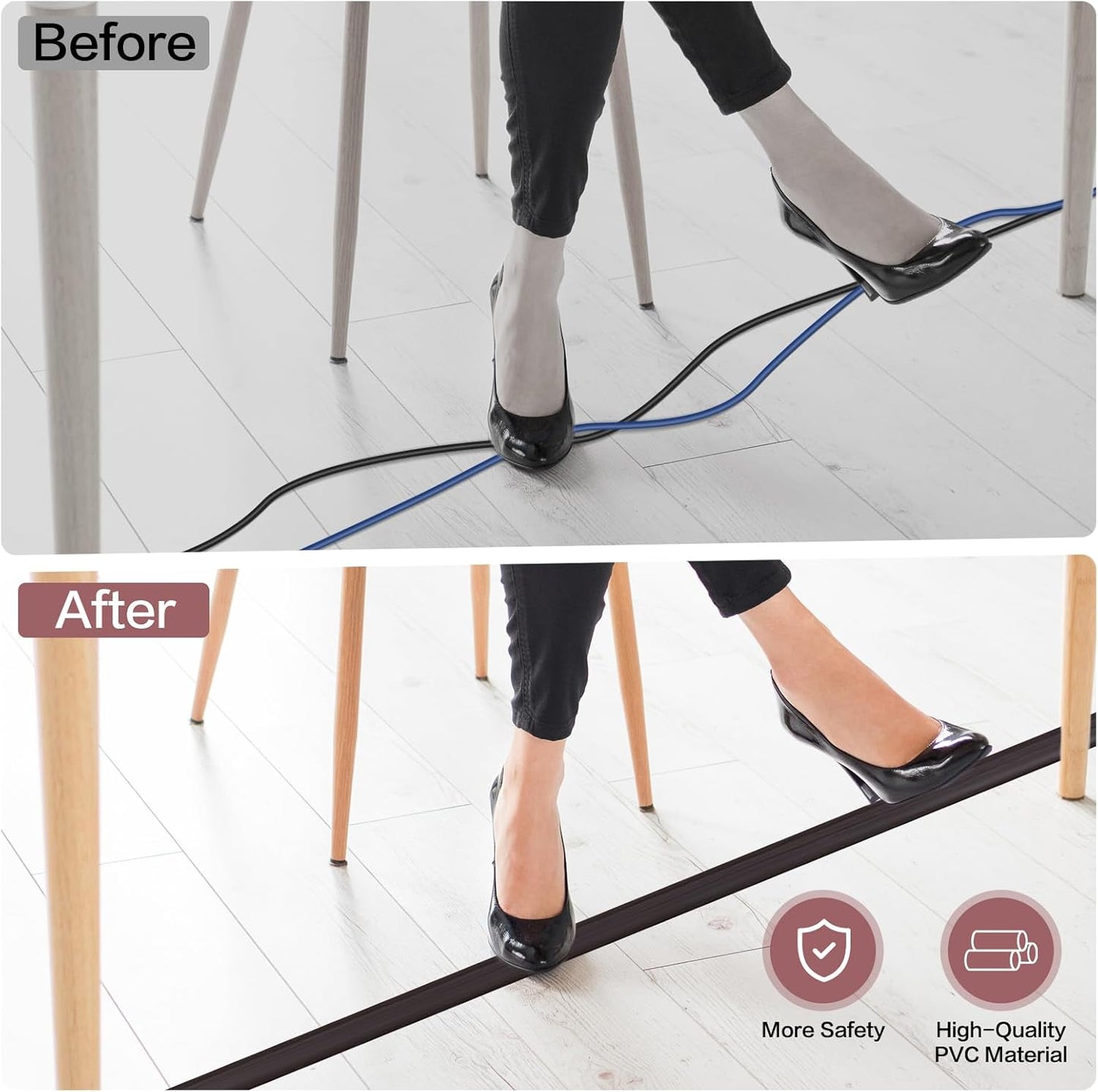 Floor Cord Cover Self Adhesive Cord Hider Floor Extension Cord Covers for Floor Power Cord Protector Cable Management Prevent Cable Trips Cable Cavity 0.51" W x 0.31" H (Dark Walnut, 10Ft)