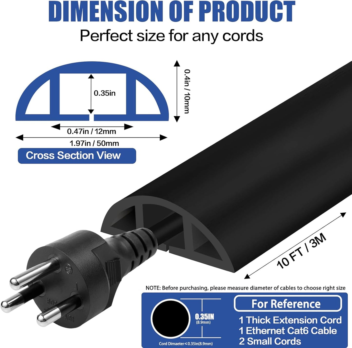 Floor Cord Cover Self Adhesive Cord Hider,10FT Cable Management, Extension Strip Protector for Wires, Prevent Cable Trips for Offices, Gyms, Exhibitions Cavity:0.47"(W) x 0.35"(H) Black