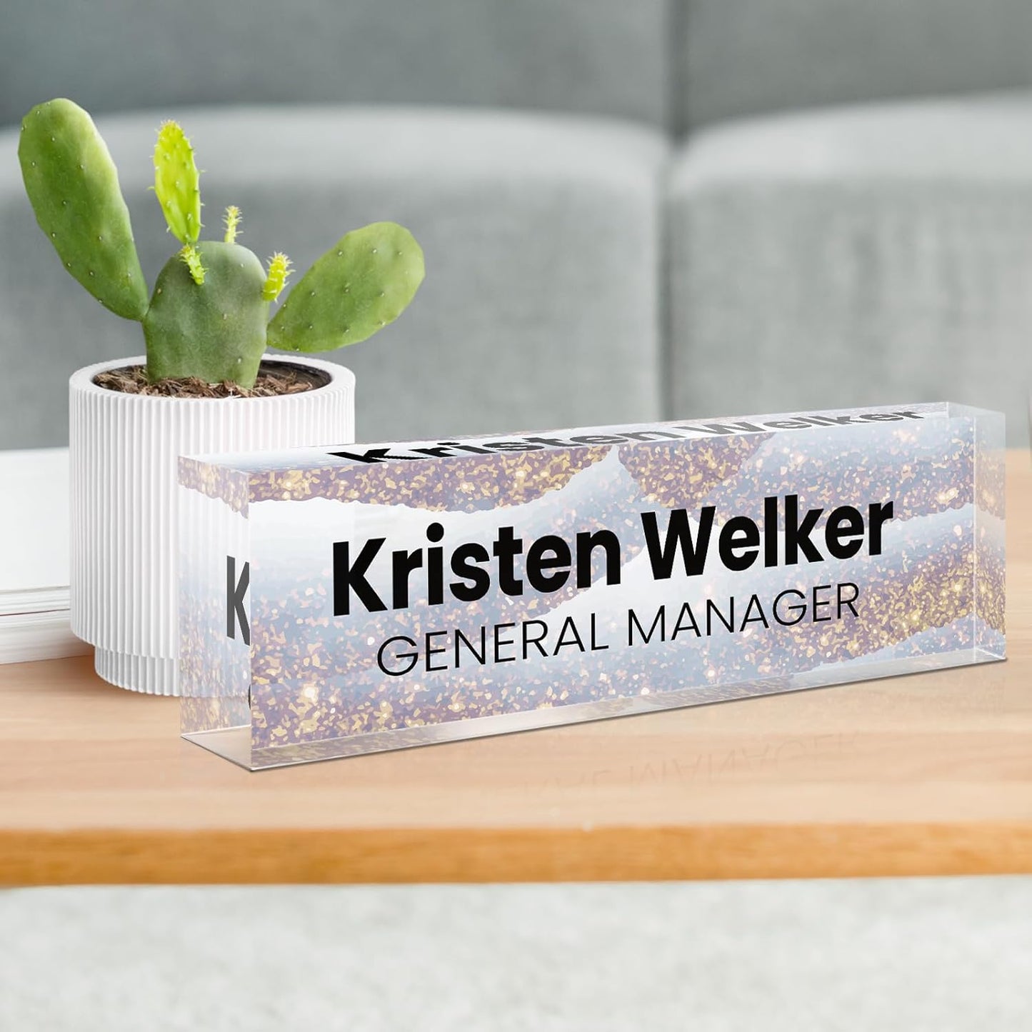 Gowellly Desk Name Plate Personalized - Custom Acrylic Name Plate for Desk - Enterprise Custom Logo/Text nameplates - Employee Appreciation Gifts (Sequins-1)