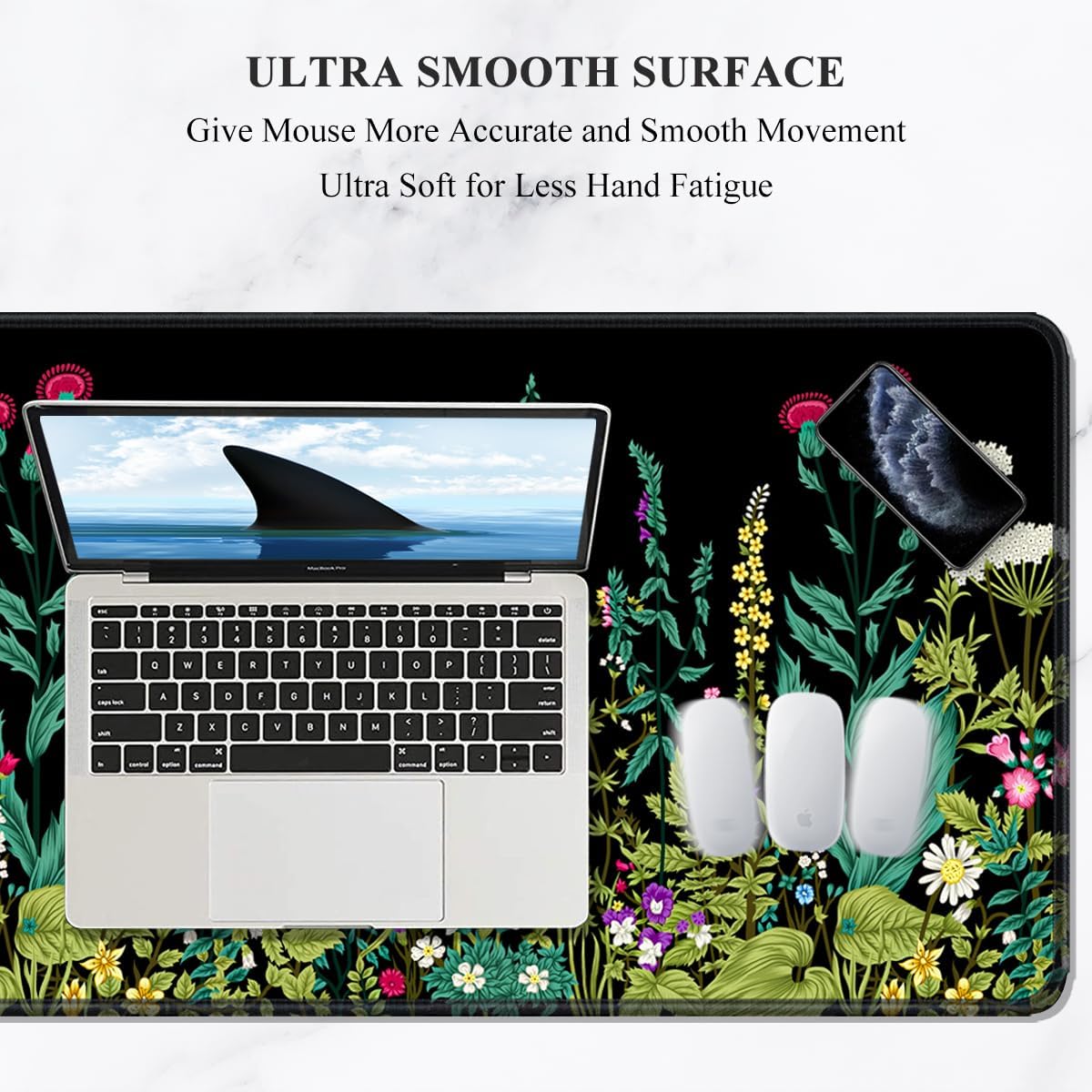 Auhoahsil Large Mouse Pad, XXL Gaming Mousepad, Desk Mat for Desktop, Thick Rubber, Big & Long Size, Stitched Edges, Full Desk Pad for Laptop & Computer, Extended 35.4 x 15.7 in, Midnight Flowers