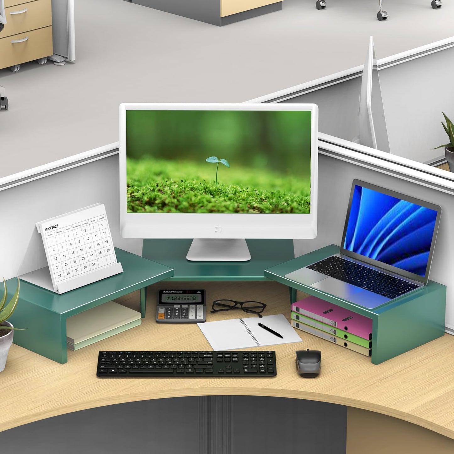 Dual Monitor Stand for Desk, Metal Computer Stand, Desk Shelf Riser,Desktop Organizer for Home and Office Use (Green)