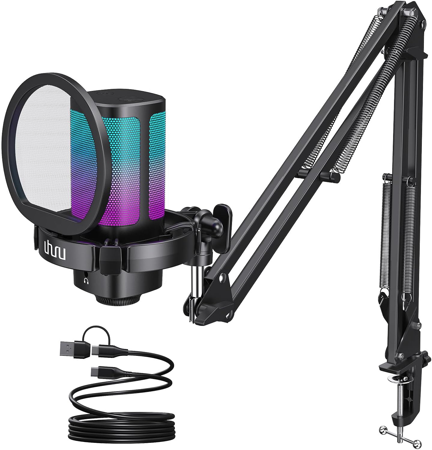 UHURU Gaming USB Microphone for PC, Computer Mic with Controllable RGB for PS4/5 Gamers, Podcast Mic with Boom Arm, Noise Cancellation, Mute Button, Gain Knob for Streaming Discord Twitch-UM2S