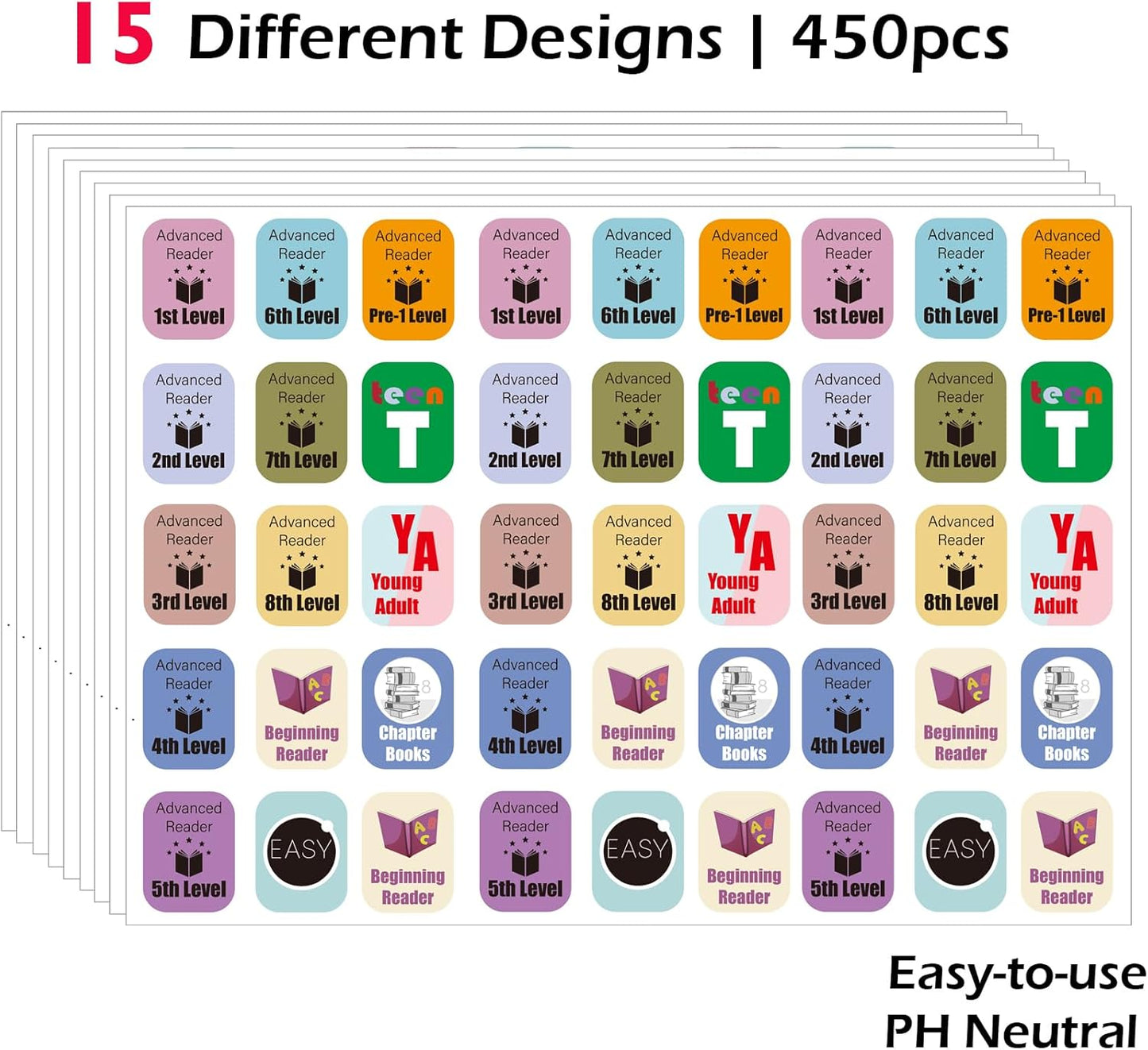 Genre Book Spine Labels for Library | Classroom Library Classification Stickers 450pcs | Advanced Reader Level