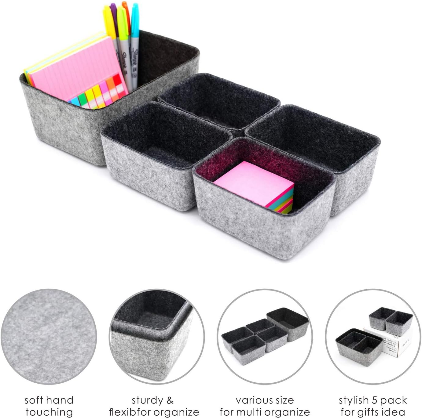 Welaxy office Drawer organizers bins Deep draw organiser Felt storage bin drawers Desk draw dividers boxes for toys makeup jewelery rolled ties organizing 5 pack (Charcoal)