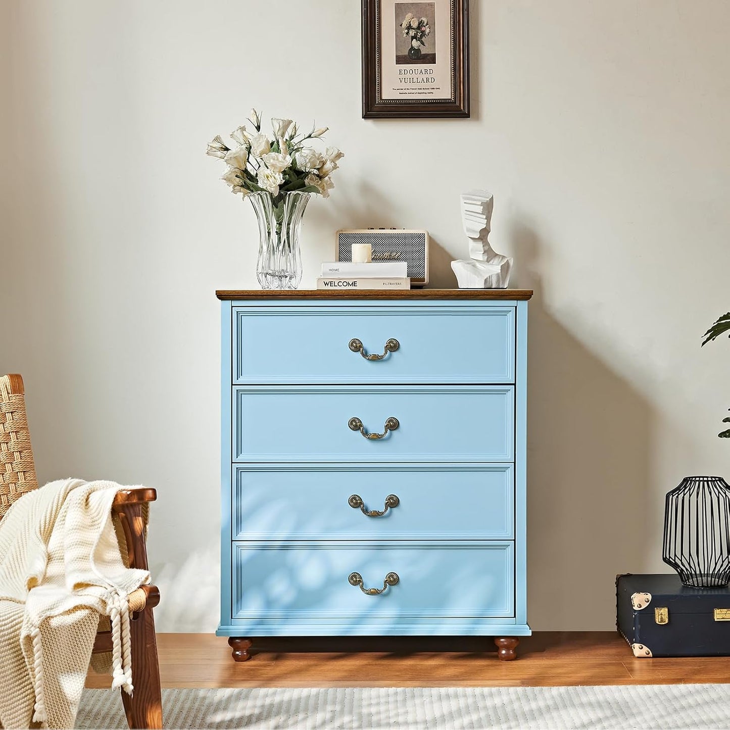Farmhouse 4 Drawer Dresser Set of 2 for Bedroom, 37" Tall Rustic Chests of Drawers w/ 4 Solid Wood Feet, Mid Century Vintage Wooden Closet Storage Dressers Organizer for Living Room,Light Blue
