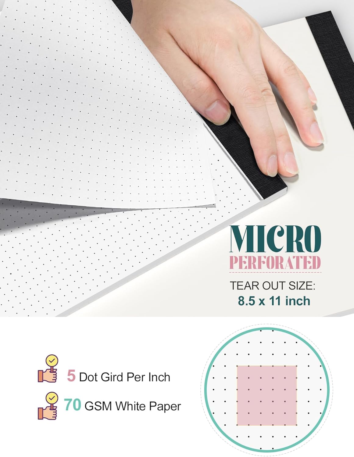 Dot Grid Pads 8.5" x 11", 6 Pack, Dotted Grid Journal Paper 8 1/2 x 11, Easy Tear-off Dotted Notebook, 5x5 Dotted Grid Notebook, 1/5" Dots Notepads 8.5 x 11, Dotted Journal Paper Pads, 30 Sheets/Pad