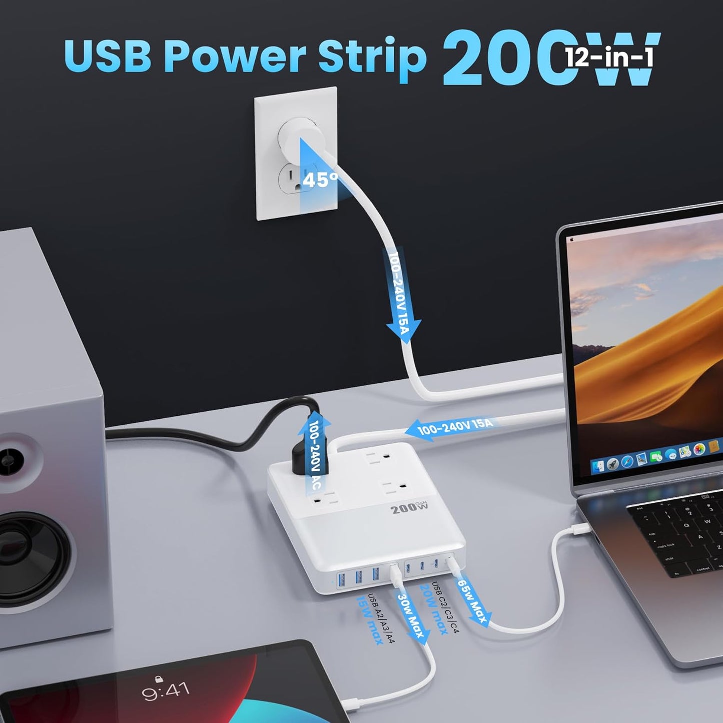 12-in-1 Charging Station USB C Power Strip with 5ft Cord,200W GaN IV USB C Charger Block,4 AC Outlets,4 USB-A,4 USB-C for MacBook,iPhone 16/15/14,Fast Charging Desktop Charger for Office (A-White)
