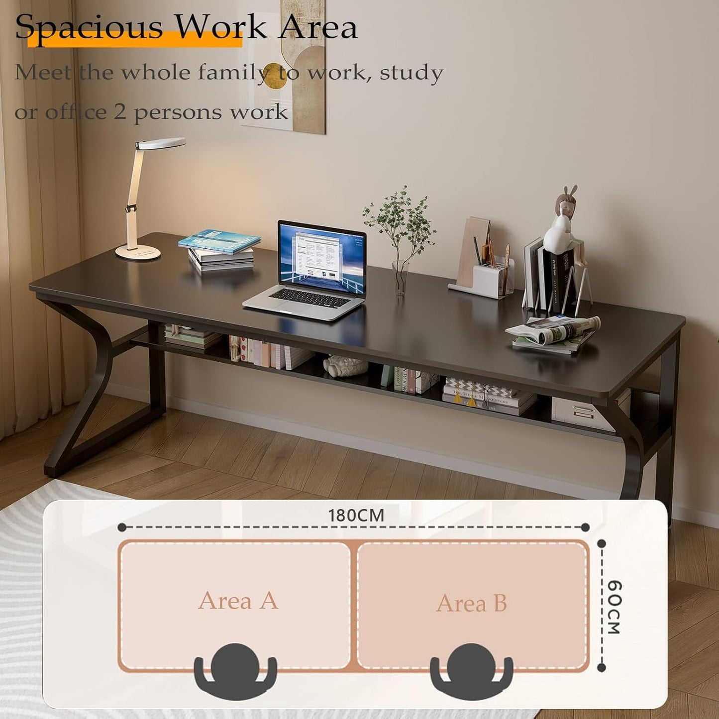 Extra Long Desk with Bookshelf - 71" Double Long Writing Table for 2-Person Workstation, Modern Study Work Computer Desk for Home and Office, Black