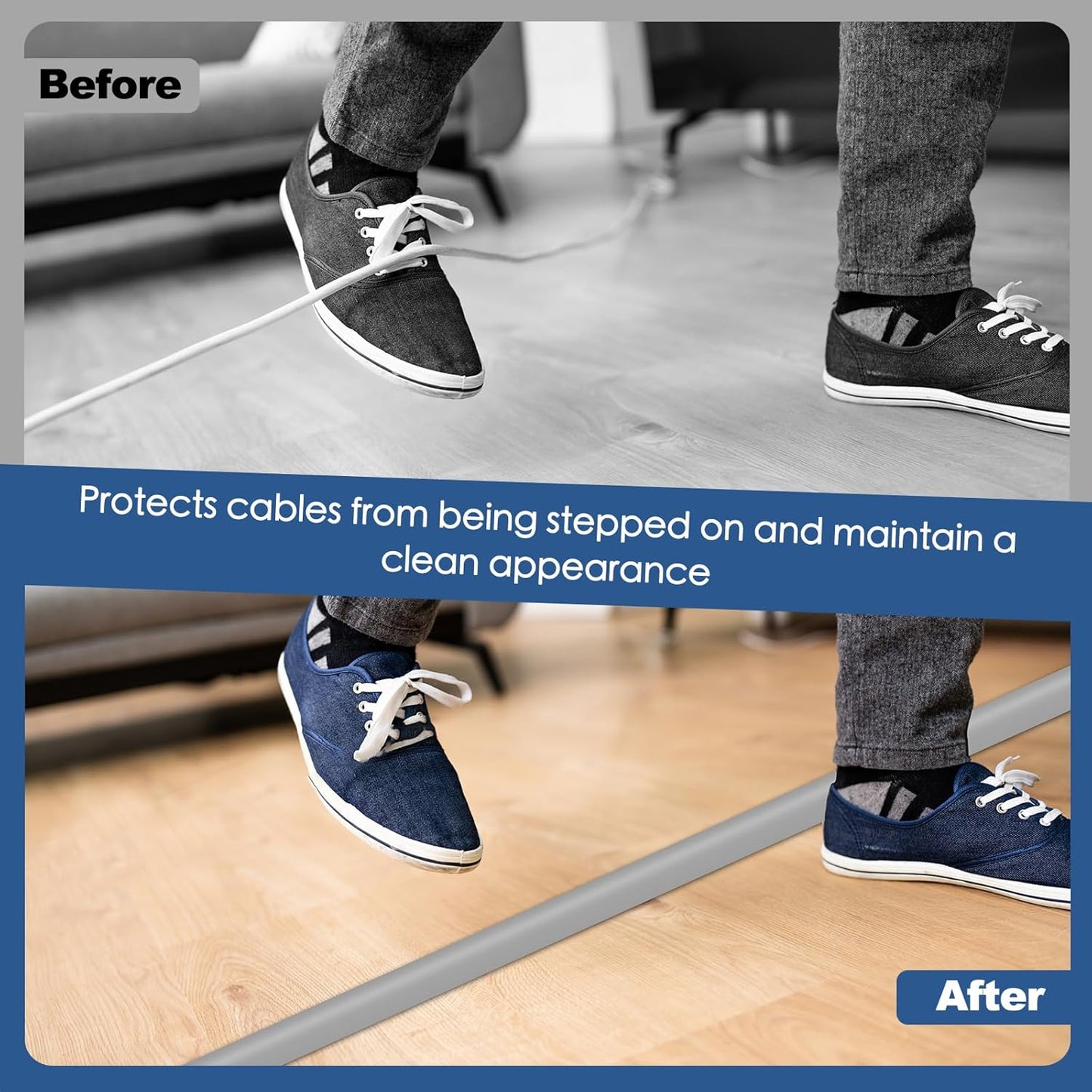 Floor Cord Cover for Wires on Floor Self Adhesive Cord Hider Floor Cable Management Wire Covers for Cords Protector Prevent Cable Trips Cord Cavity W 0.59" x H 0.31", Gray, 3.3Ft