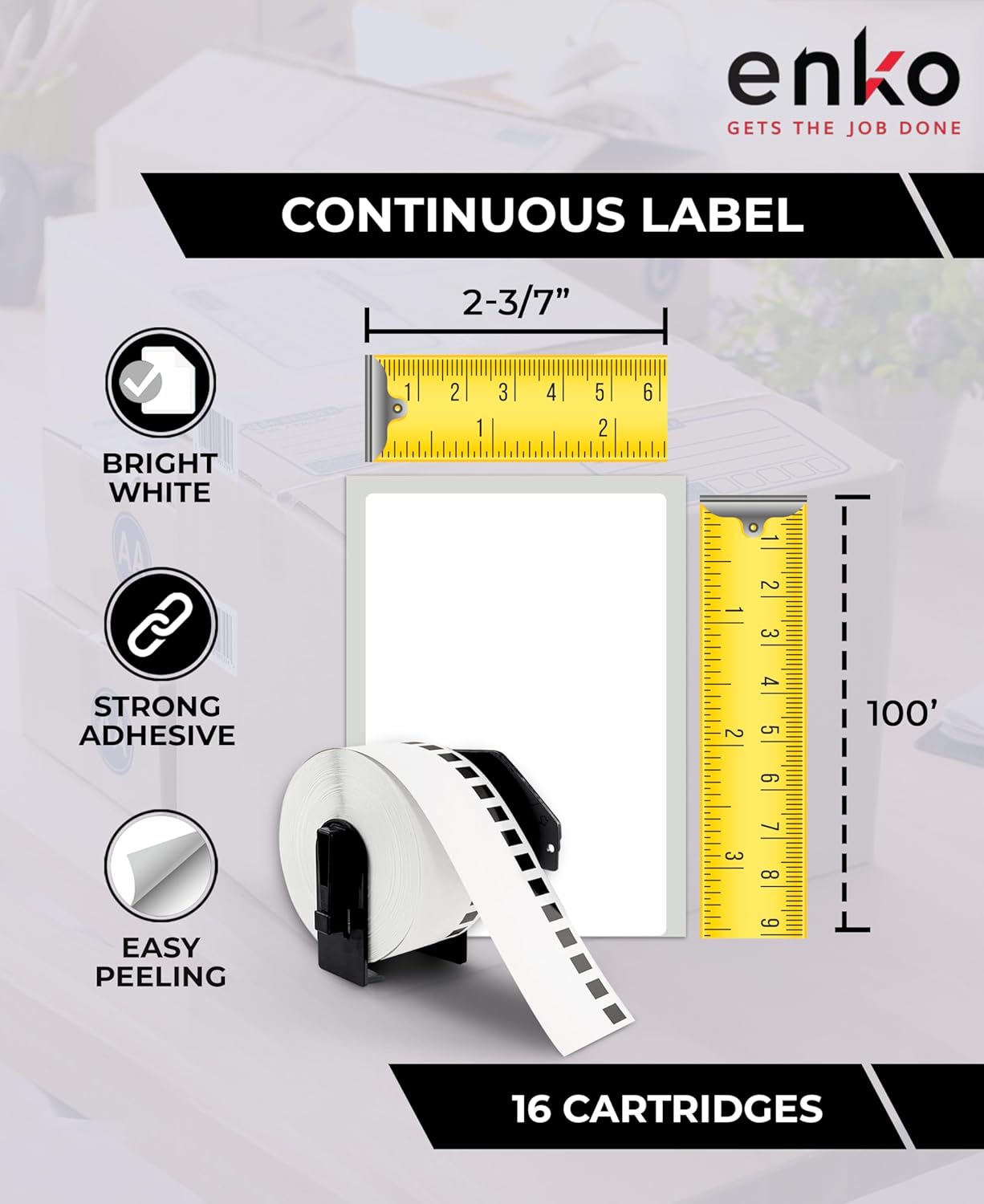 enKo - Compatible DK-2205 Continuous Paper Labels (2.4 Inch x 100 Feet) Compatible for Brother QL Label Printers - 48 Rolls with 16 Refillable Cartridge Frames