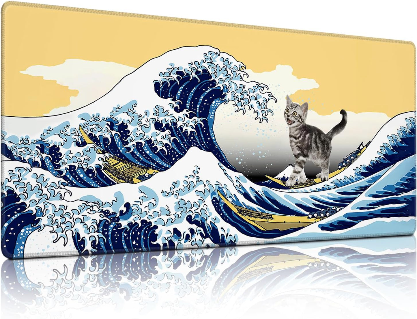 Funny Cat Surfing The Great Wave Off Kanagawa Mouse Pad - Large Non-Slip Desk Mat for Office, PC, Laptop - 35.5"x15.7" x 3mm