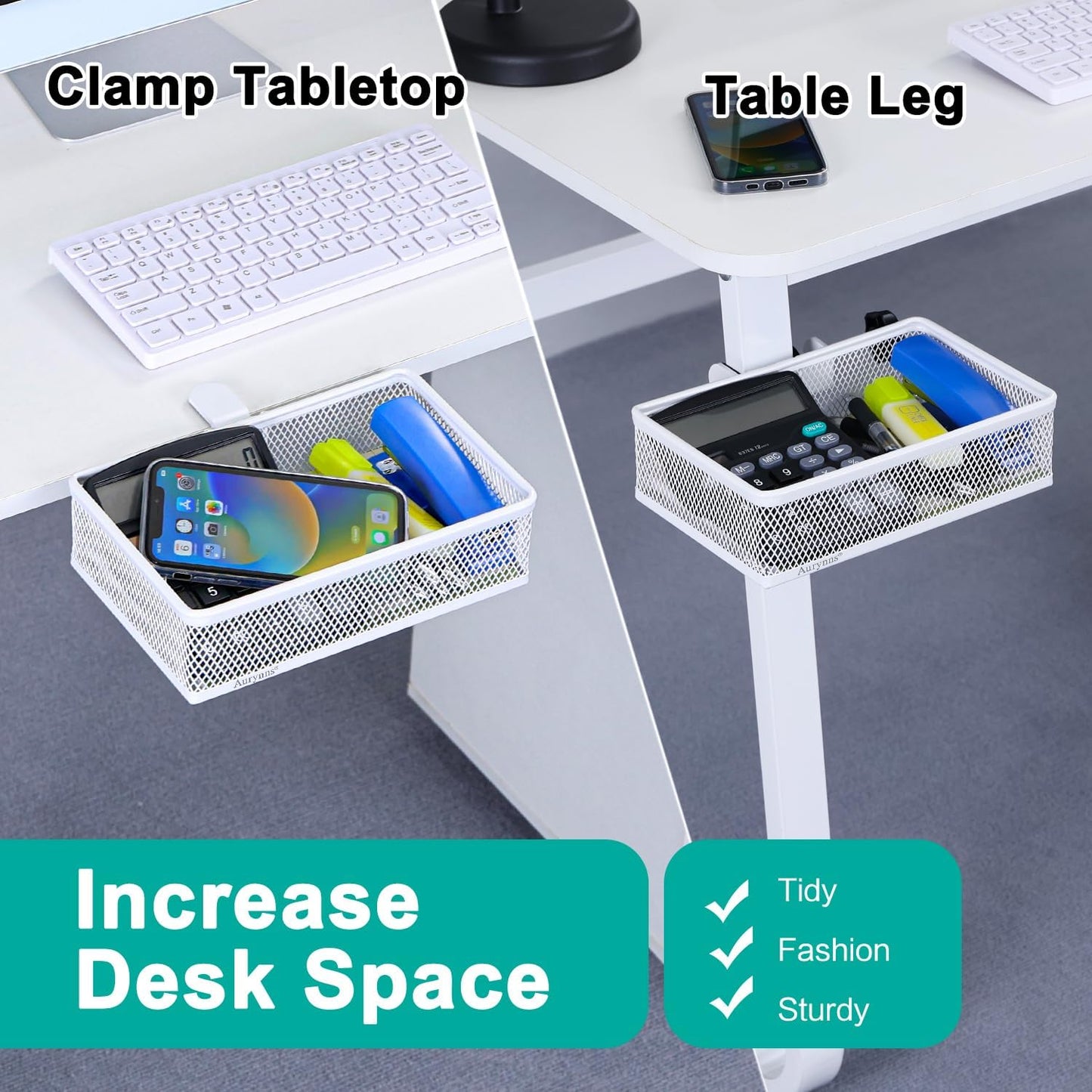 Under Desk Drawer Organizer - Clamp-On Above or Below Desk Mesh Drawer for Office Accessories, Storage Tray, and Desktop Organizer (White - Small)