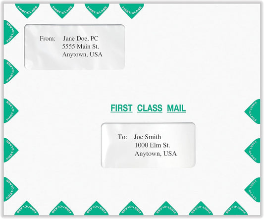 First Class Double Window Envelope | Tax Mailer, Landscape, White/Green, Moisture-Seal, 9-1/2" x 11-1/2", Pack of 50