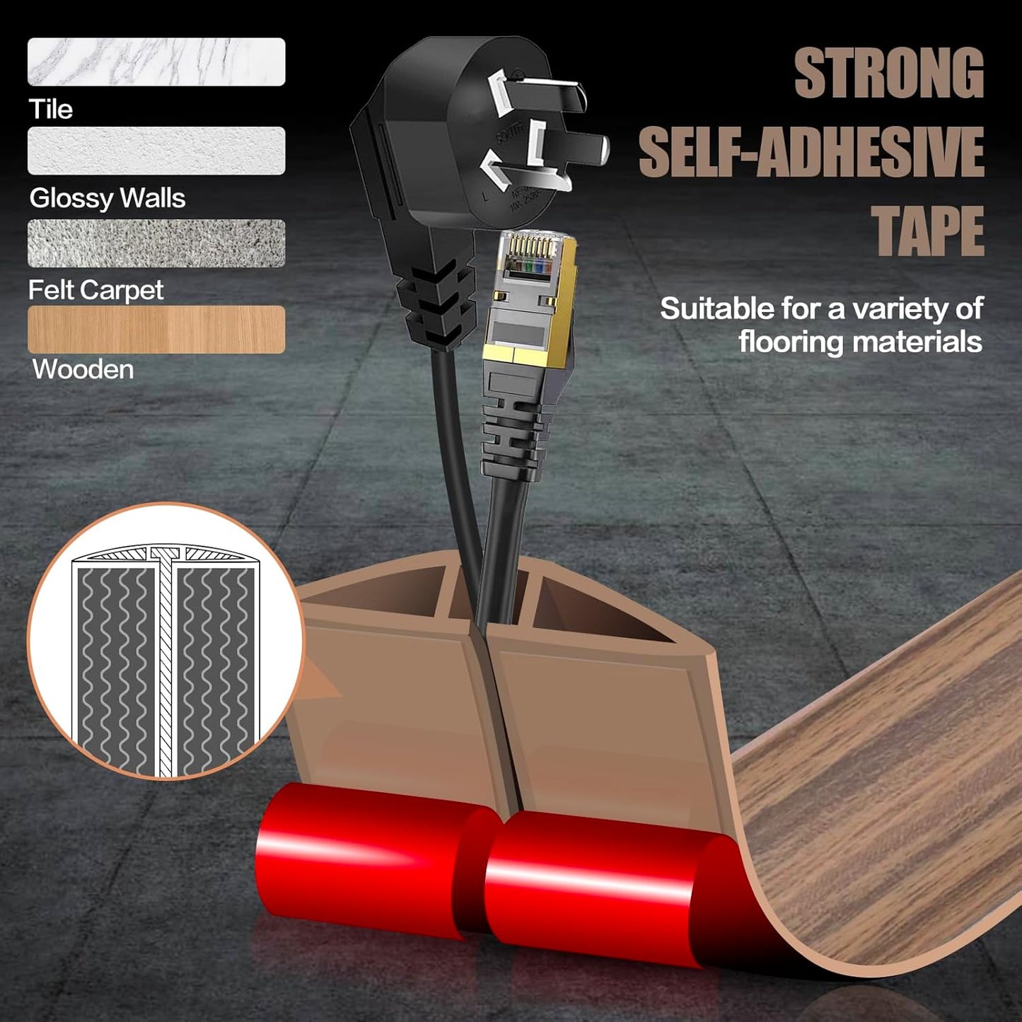 Floor Cord Cover Self Adhesive Cord Hider,3.3FT Cable Management, Extension Strip Protector for Wires, Prevent Cable Trips for Offices, Gyms, Exhibitions Cavity:0.47"(W) x0.35(H) Woodsmokedbrown