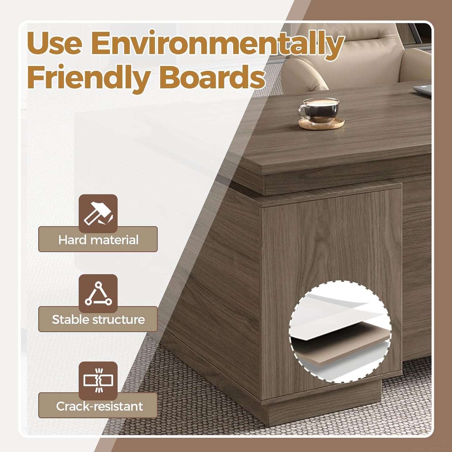 Executive Office Desk with Reversible Cabinets, Lockable Drawers, Cable Box & Privacy Panel – Modern Wood Grain Desk for Home Office or Business Use(Black Walnut,63" L*32" W*30" H)