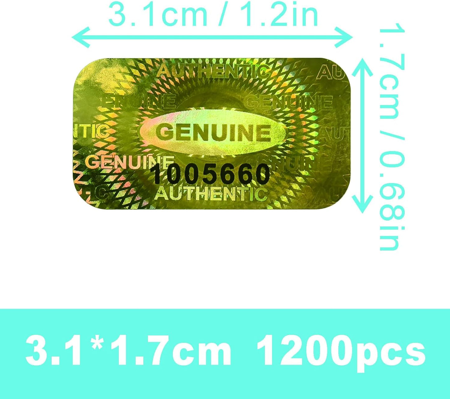 1200 pcs Hologram Tamper Proof Sticker, Security Tamper evident Label, Genuine Authentic Warranty Void Seal Labels with Unique Serial Number (1.2X0.68 inch,Glod)