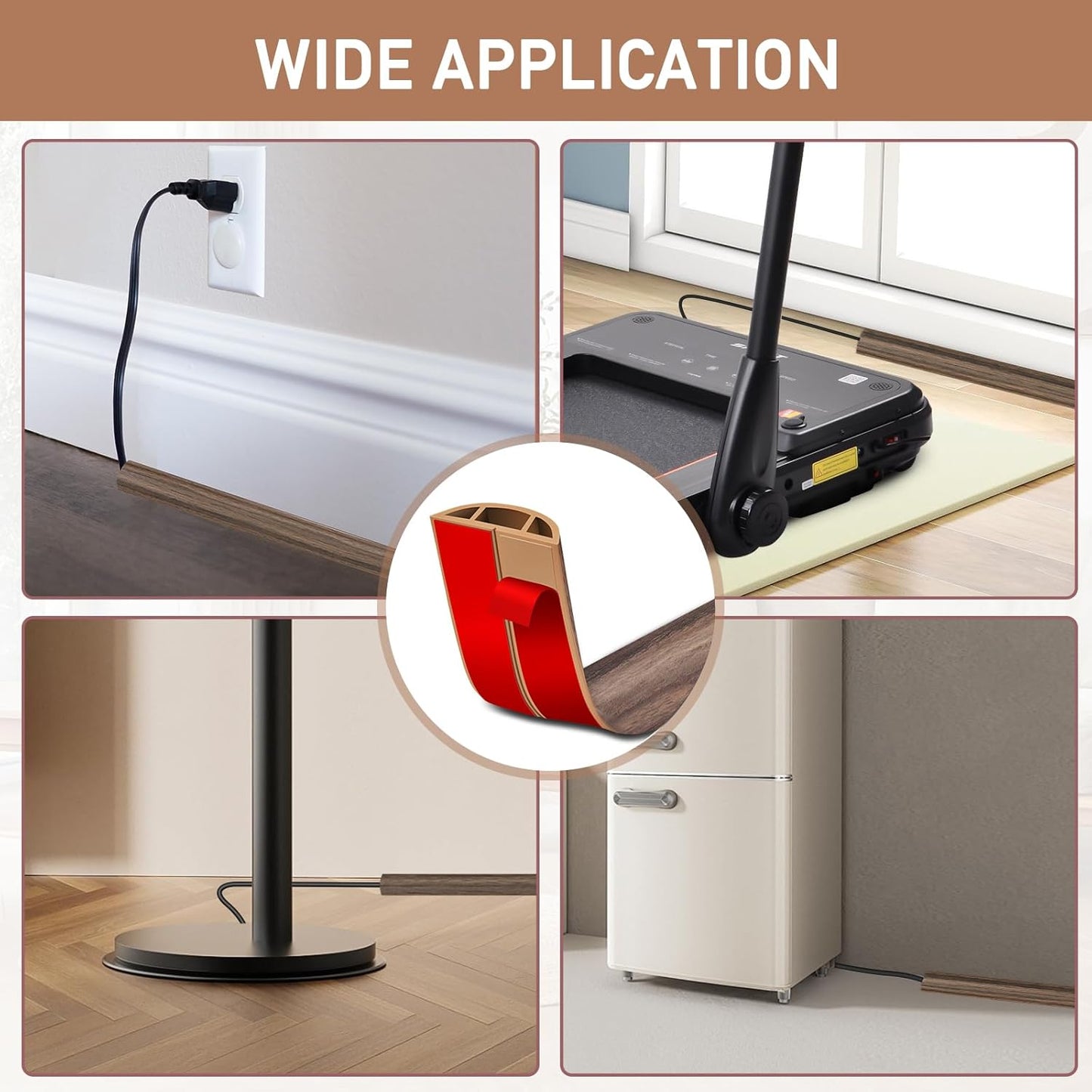 Floor Cord Cover Self Adhesive Cord Hider Floor Extension Cord Covers for Floor Power Cord Protector Cable Management Prevent Cable Trips Cable Cavity 0.59" W x 0.31" H (Smoked Brown Wood, 20Ft)