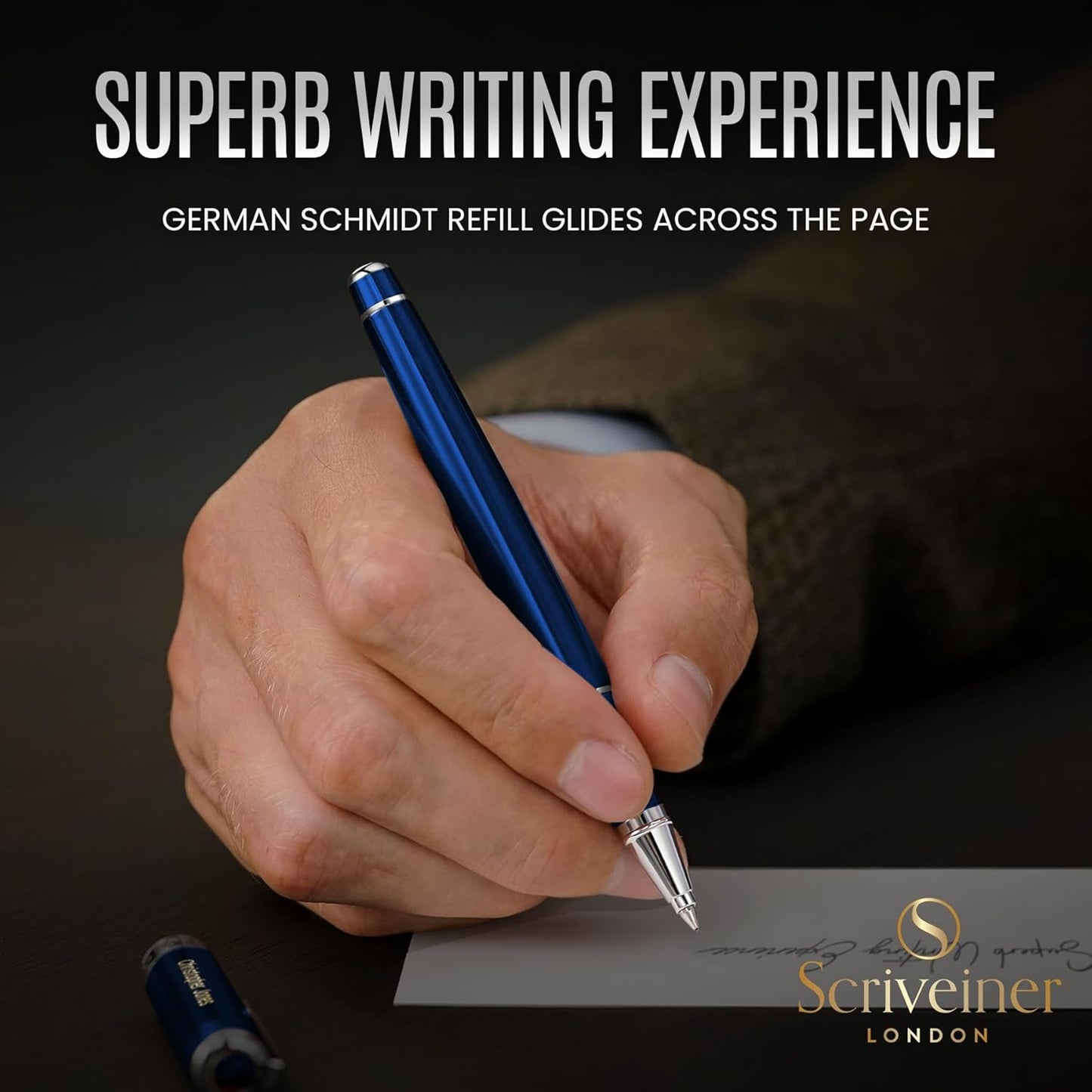 Scriveiner Personalized Midnight Blue Pen - Stunning Blue Lacquer Luxury Pen, Chrome Finish, Schmidt Ink Refill, Best Engraved Roller Ball Gift Set for Men & Women, Custom Name Engraving