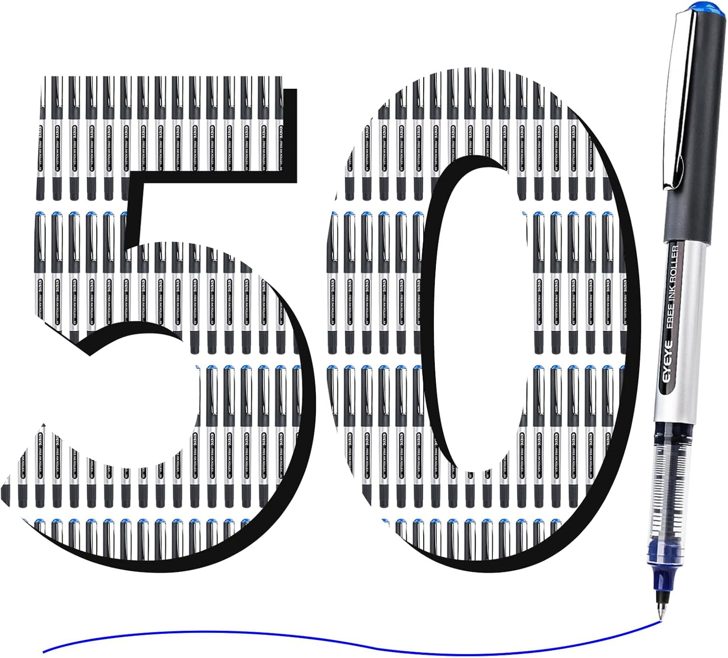 EYEYE 0.5mm Rollerball Pens Blue, 50 Pack Extra Fine Point Liquid Ink Roller Ball Pen Quick Dry, Blue Ink Pens Fine Point Smooth Writing Pen for Journaling, Note Taking, Office, School Supplies