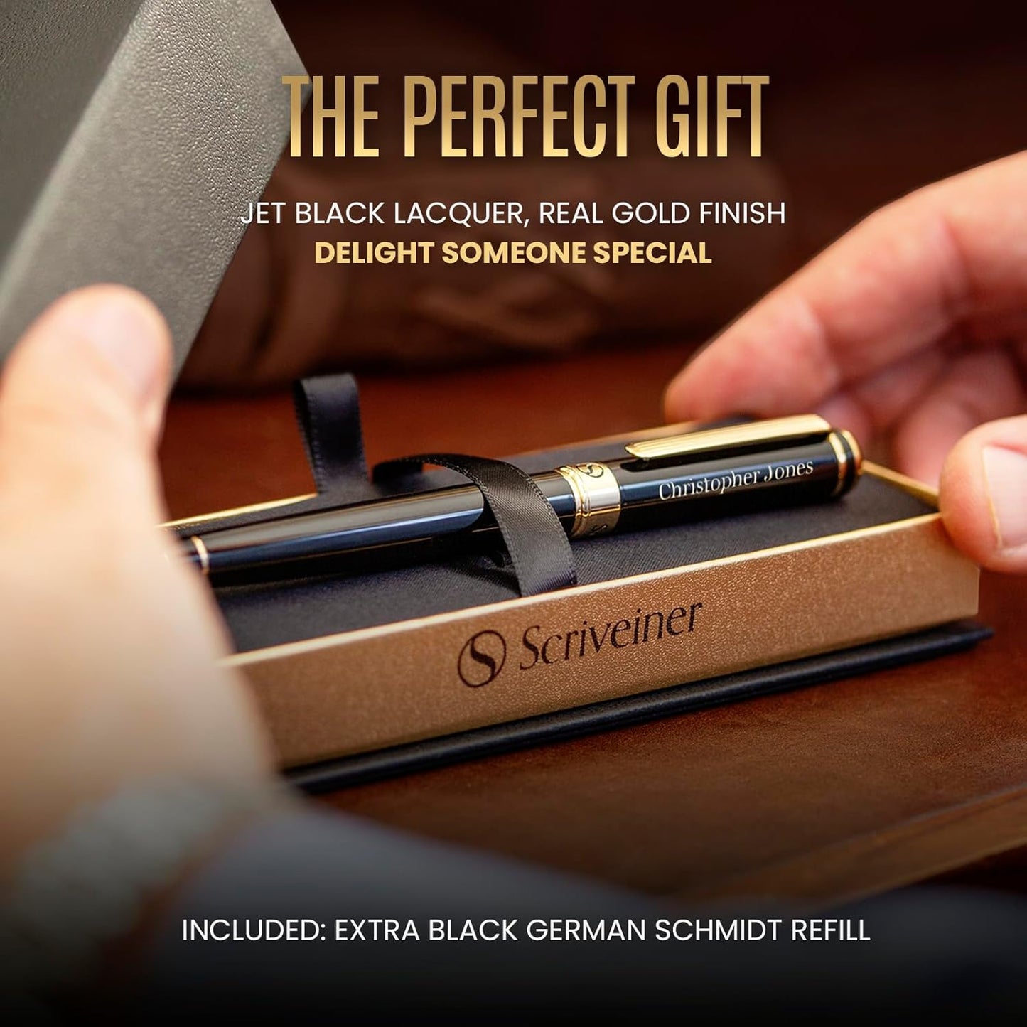 Scriveiner Personalized Black Rollerball Pen - Stunning Luxury Pen, Jet Black Lacquer & Real Gold Plating, Schmidt Ink Refill, Best Engraved Roller Ball Gift for Men & Women, Custom Name Engraving