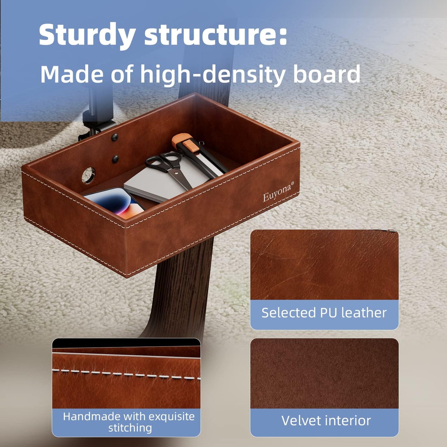 PU Leather Under Desk Drawer Organizer, 360° Rotating Clamp for Stationery, Remote Control, Phone & Pencil Storage, Computer Desk Accessories (Brown)