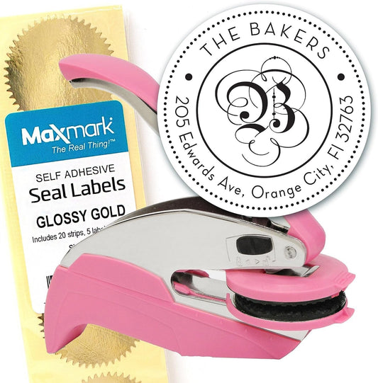 Custom Monogram Address Embosser - Personalized Round Seal with 50 Gold Seal Labels - Style EM024