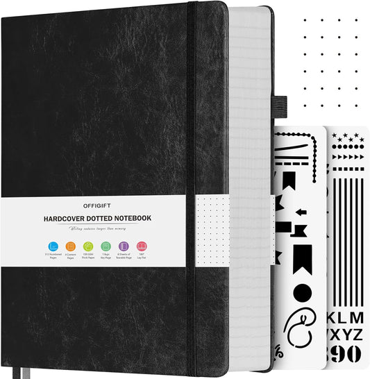 Dotted Journal Notebook, 312 Numbered Pages Large B5 Hardcover Leather Notebook, 100gsm No Bleed Paper Dot Grid Notebook with Index Pages, Dot Journal for Women Men, 7.6'' X 10'', Black