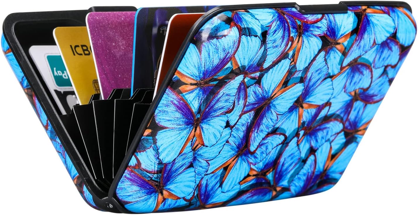 ELFISH RFID Blocking Credit Card Protector Aluminum ID Case Hard Shell Business Card Holders Metal Wallet for Men or Women (Blue Butterfly)