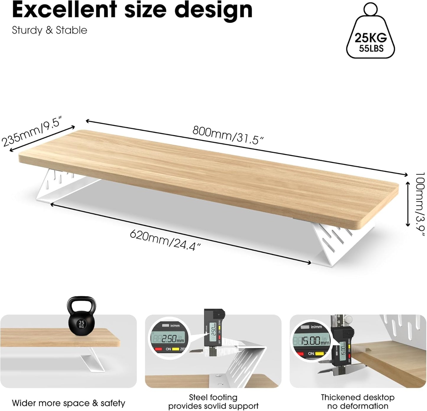 Fenge Monitor Stand Riser, Desk Top Shelf for 2 Monitors, Computer Stands for Desk, Wood & Steel Desktop Riser for Laptop, PC, Printer