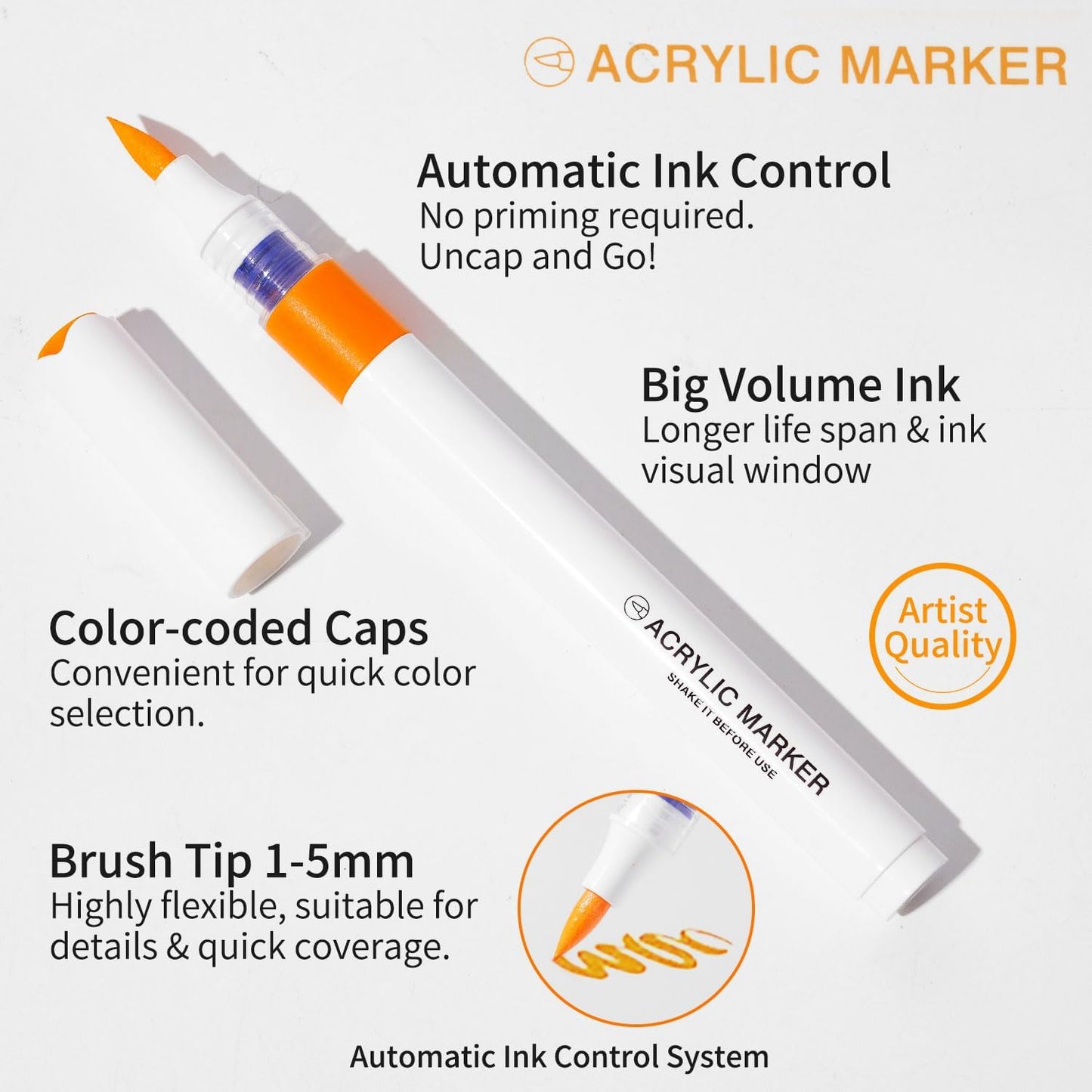 ROSYMENG Acrylic Paint Markers, 120 Colors + 8 Metal Colors - Large Ink Capacity, High Coverage with Brush Tip Acrylic Paint Pens, Suitable for Wood, Glass, Rock, and Fabric - Student School Supplies