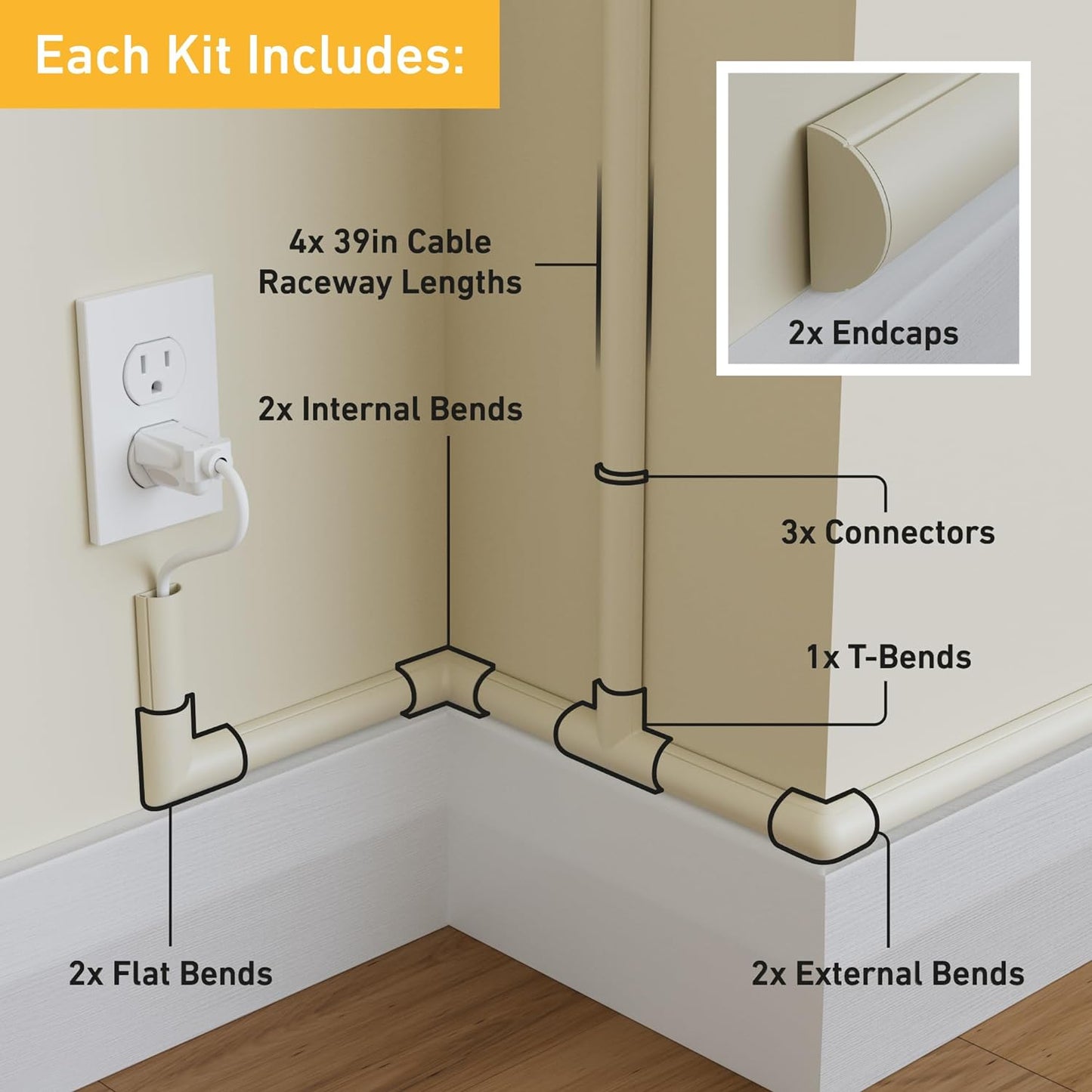 D-Line 13.12ft Cord Hider Kit, Patented Cable Cover, Hide Wires on Wall, Channel for TV Mount Cords, Raceway Wire Hiders, Paintable, Adhesive, Half Round, 4X 1.18in W x 0.59in H x 39in Lengths, Beige