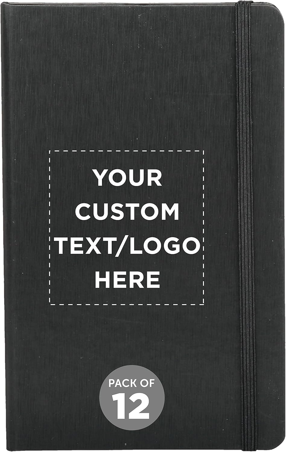 DISCOUNT PROMOS Custom Hardcover Notebook Journals with Elastic Colored Band Set of 12, Personalized Bulk Pack - Perfect for School, Office, Home - Black