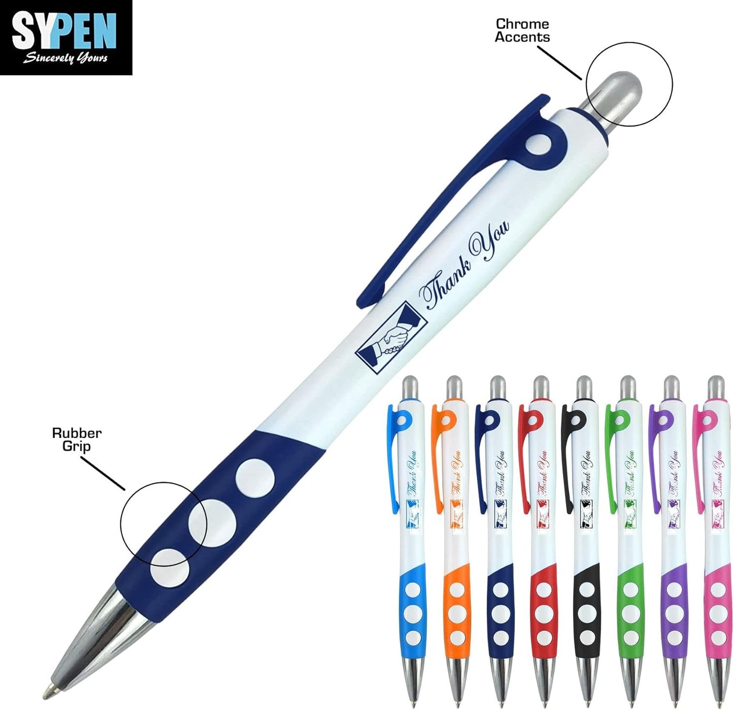 SyPen Personalized Ballpoint Pens With Custom Logo/Text-350 Pack Bulk-for Businesses, Parties, & Events, Custom Printed, White Barrel with Matching Colored Clip and Grip, Click Pens, Black Ink, Green