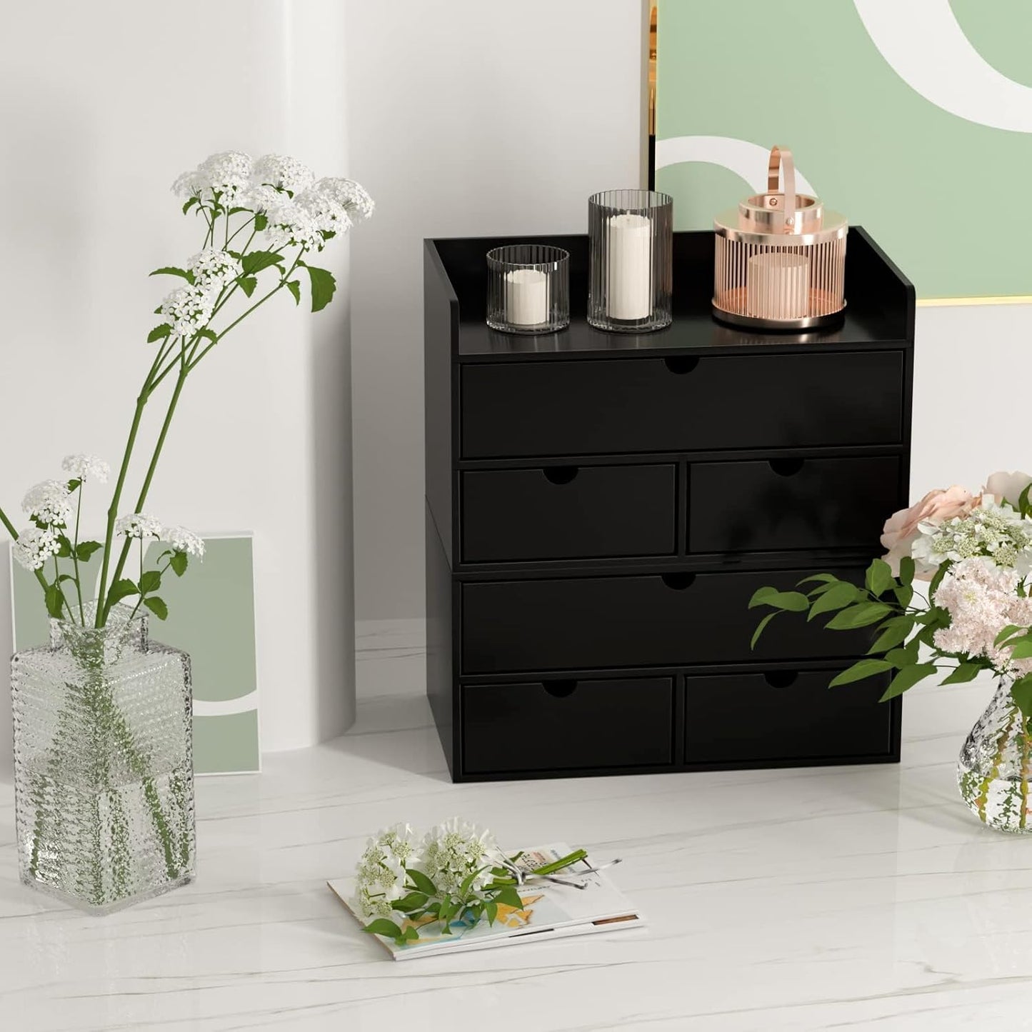 Wisuce Bamboo Desk Organizer - Mini Bamboo Desk Drawer Tabletop Cosmetic Storage Organization for Office or Home Black