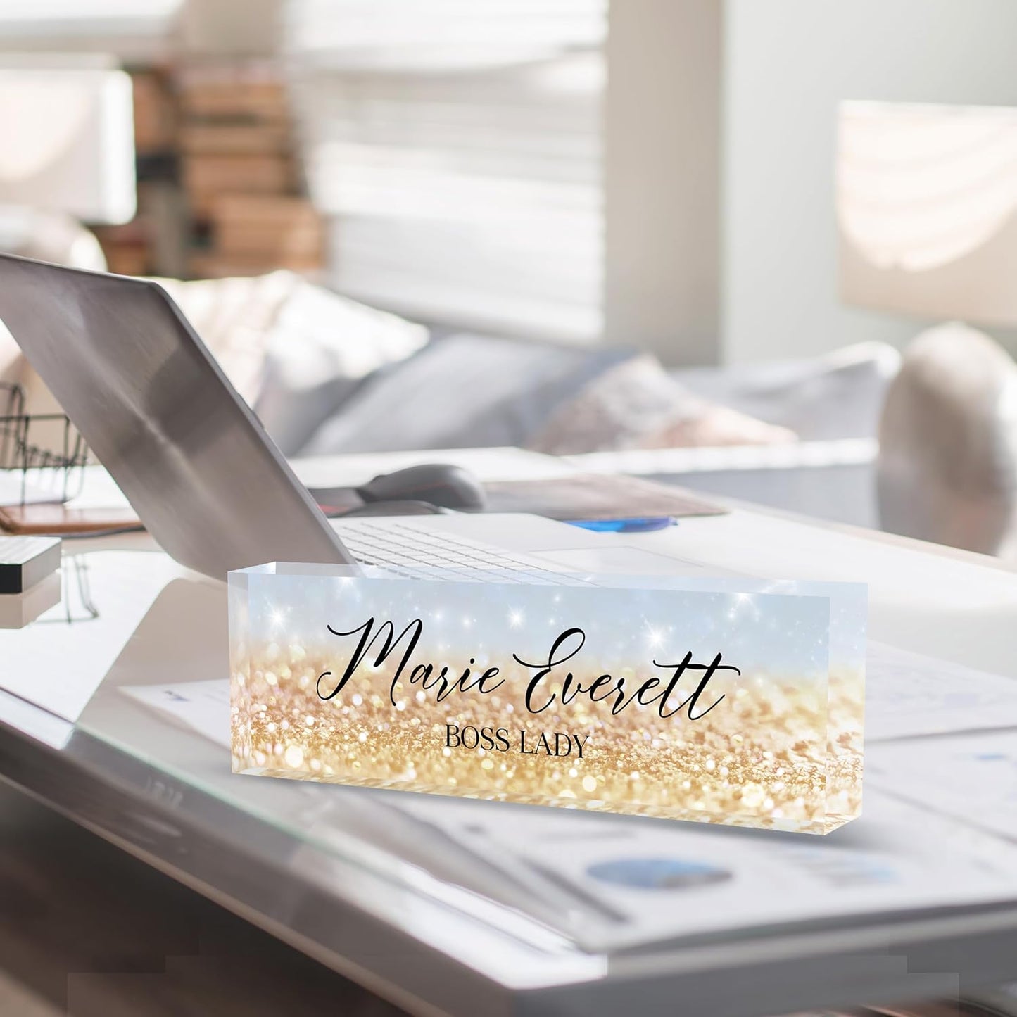 Custom Name Plate for Desk | Personalized Desk Name Plate | Personalized Boss Employee Appreciation Gifts | Acrylic Name Plate Office Desk Accessories (A-Blue Gold Crystal)
