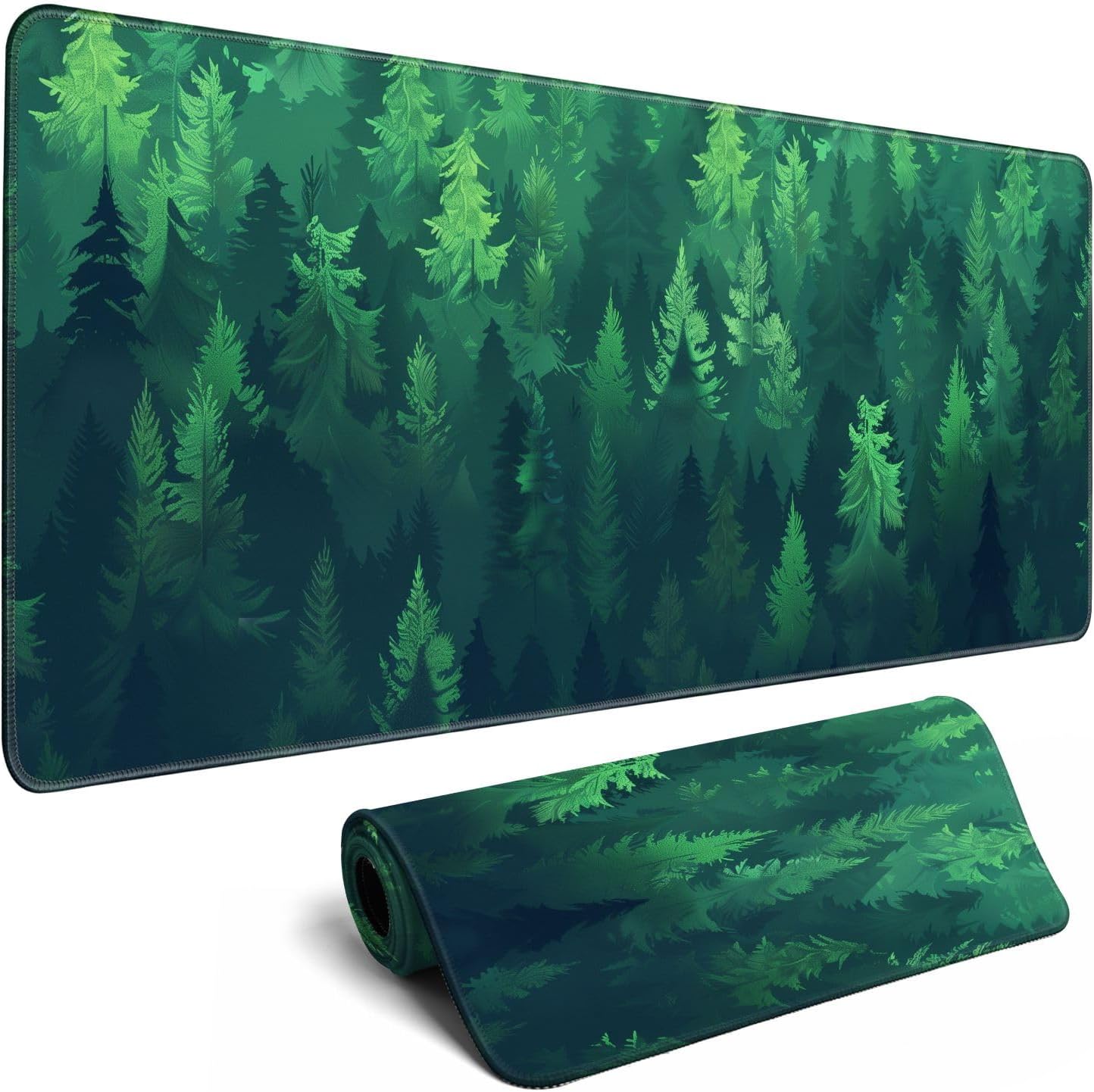 Forest Gaming Green Large Gaming Mouse Pad Keyboard Desk Pad Extended Mouse Pad Gaming Office Decor, Pc Laptop Mouse Pads Large (31.5x11.8 in) with Stitched Eges Non-Slip Base Mousepad XL