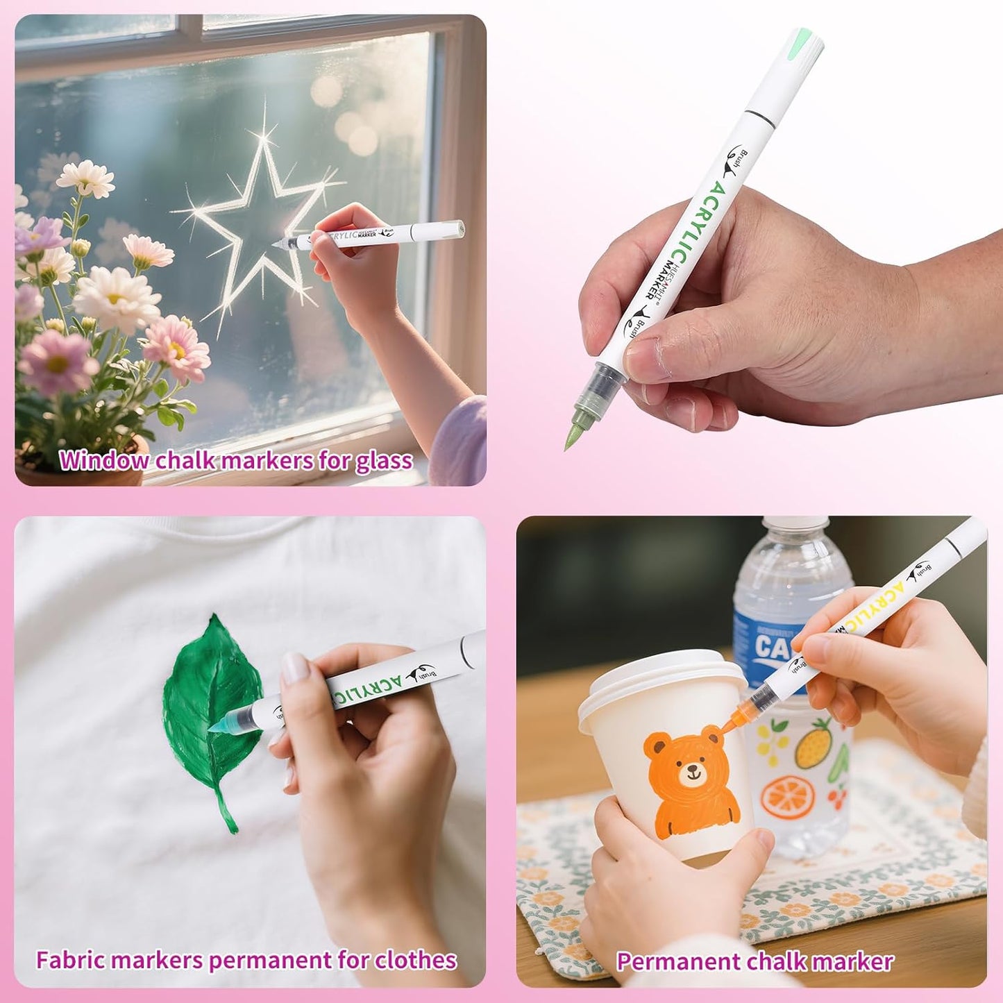 Dual Tip Brush Markers, 4 Pack Double Ended Acrylic Paint Pens - Permanent Water-Based for Rock Painting, Wood, Metal, Ceramic, Glass, Crafts & Kids Art Assorted Colors