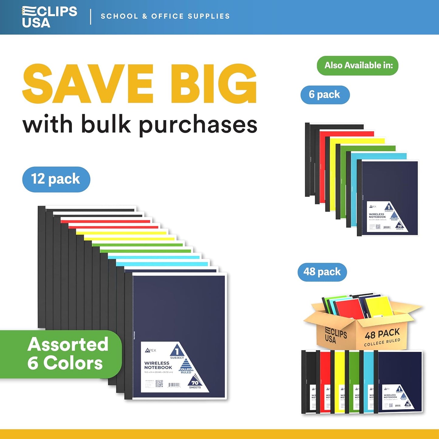 E-CLIPS USA Non Spiral Notebook, 1 Subject, College Ruled Notebook, Journal Notebook, Notebooks Bulk, School Supplies, Perforated Edges, 6 Colors, 70 Sheets (12, College Ruled)