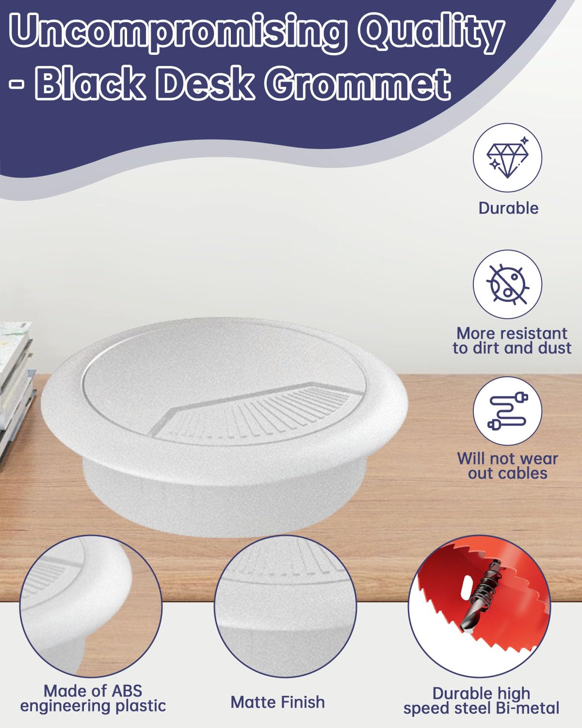 Desk Grommet 3-1/8 inch (80mm) 8 Pieces - White Desk Cable Grommet Desk Cable Hole Covers with Hole Saw for TV, Office, Wires Through Countertop and Home Table