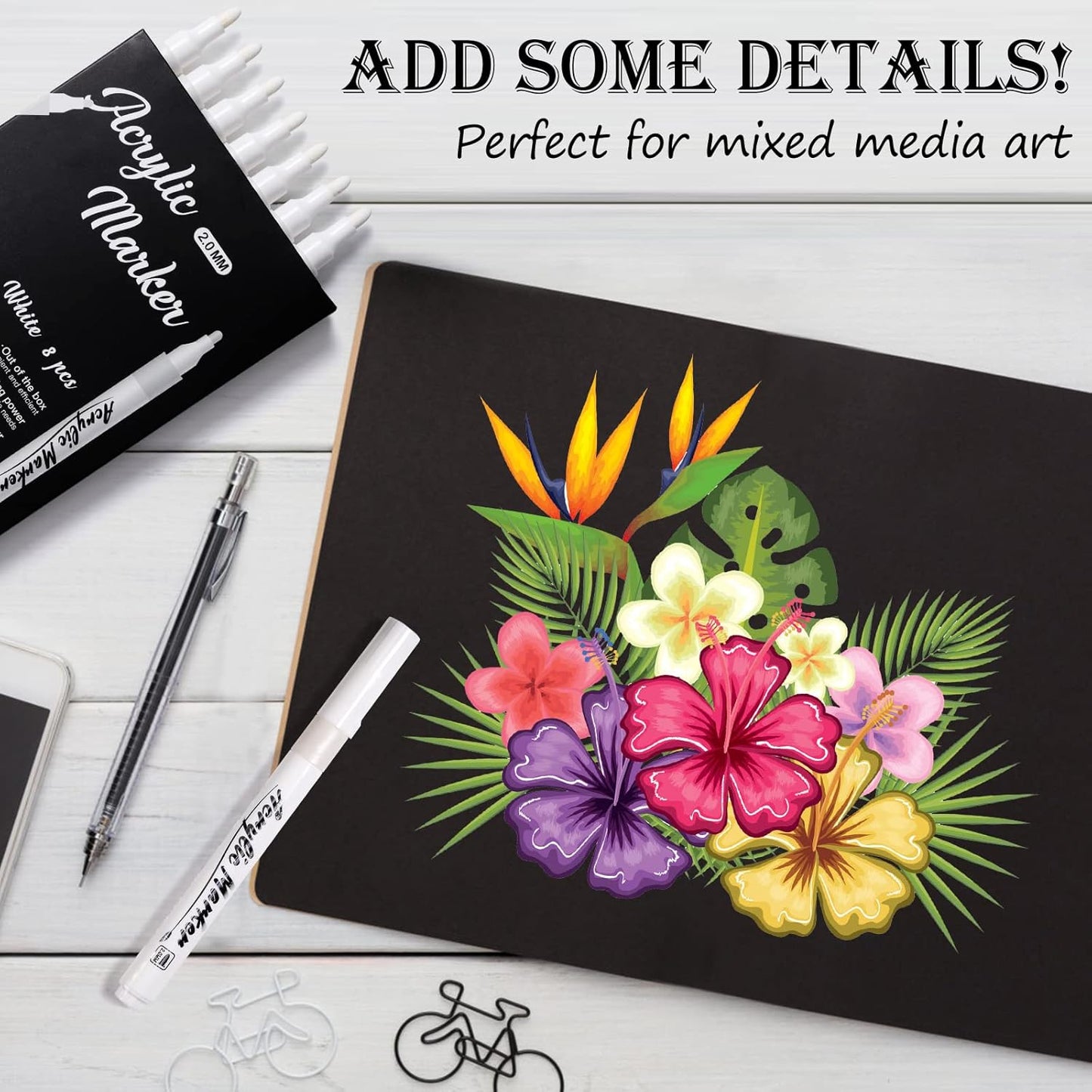 White Markers Pen, 8 Pack Paint Pens, Fine Tip Acrylic White Permanent Markers for Sketching, Drawing, Wood, Rock, Tyres, Plastic, Leather, Glass, DIY Painting