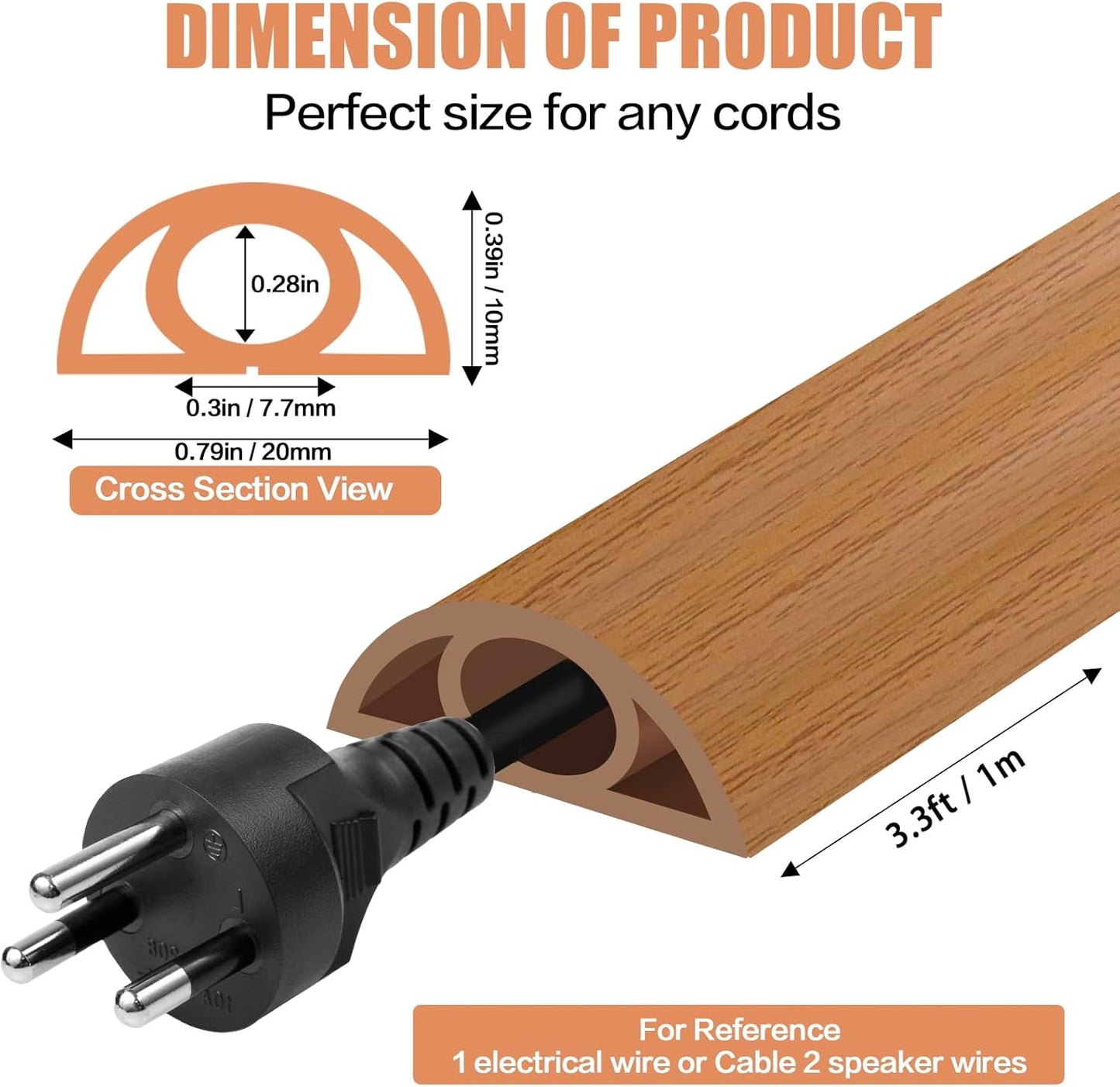 Floor Cord Cover Self Adhesive Cord Hider,3.3FT Cable Management, Extension Strip Protector for Wires, Prevent Cable Trips for Offices, Gyms, Exhibitions Cavity:0.3"(W) x 0.28"(H) Brown Wood
