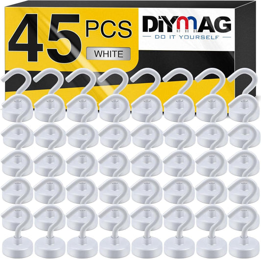 DIYMAG Magnetic Hooks for Refrigerator, Extra Strong Cruise Hook, Heavy Duty Earth Magnets with Hook for Hanging, Magnetic Hanger for Cabins, Grill (45P-White)