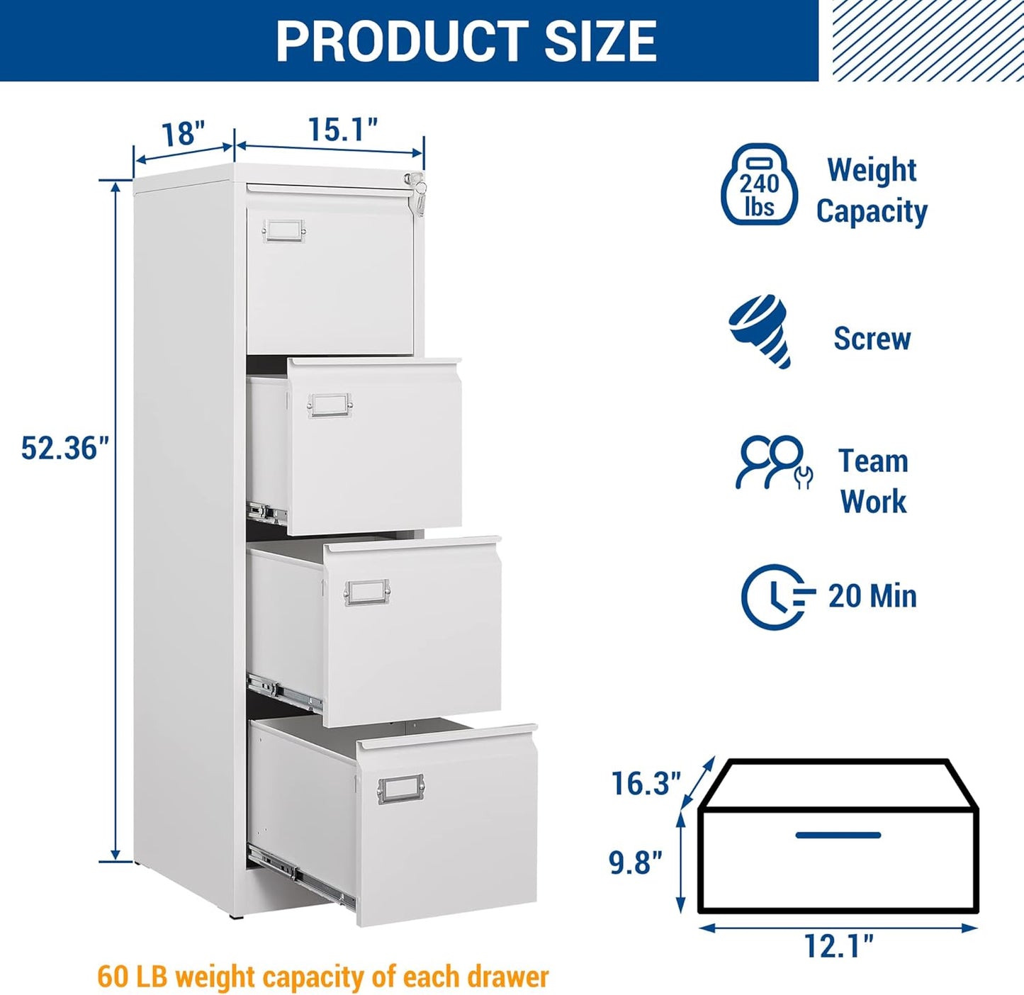 File Cabinets - 4 Drawers Vertical 17.8" Deep Lockable Filing Cabinet - White Metal Storage Cabinets for Home Office to Hanging Files Letter/Legal/F4/A4 Size