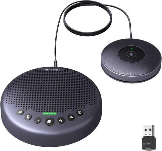 EMEET Conference Speaker and Microphone w/8+1 Mics, 360° Voice Pickup, Noise Reduce, Bluetooth/USB/Dongle Speakerphone for 14 People w/Daisy Chain for 25, Compatible w/Leading Platforms, 2025 Version