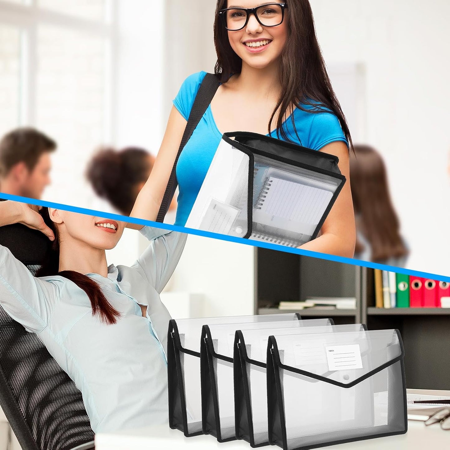 10 Pack Plastic File Folders Portable Expanding File Folder Organizer Documents Envelopes with Snap Closure, A4 Size Waterproof Transparent Pouch with Label for Business Office School