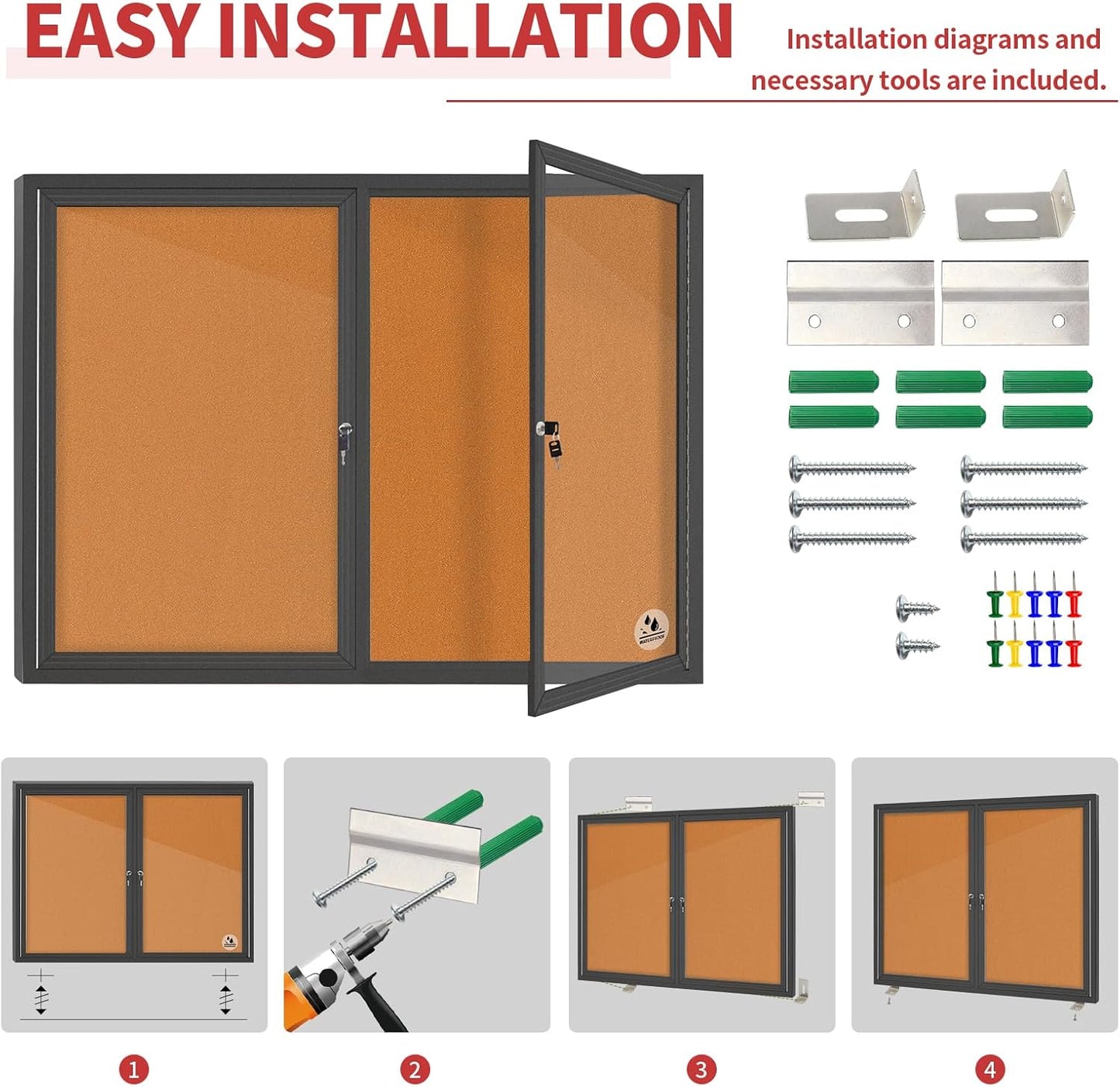 Enclosed Bulletin Board Lockable,Double-Door Weatherproof Outdoor Noticeboard with Locking Door, Wall-Mounted Aluminum Framed Presentation Board, 44x32 Inch (8xA4)