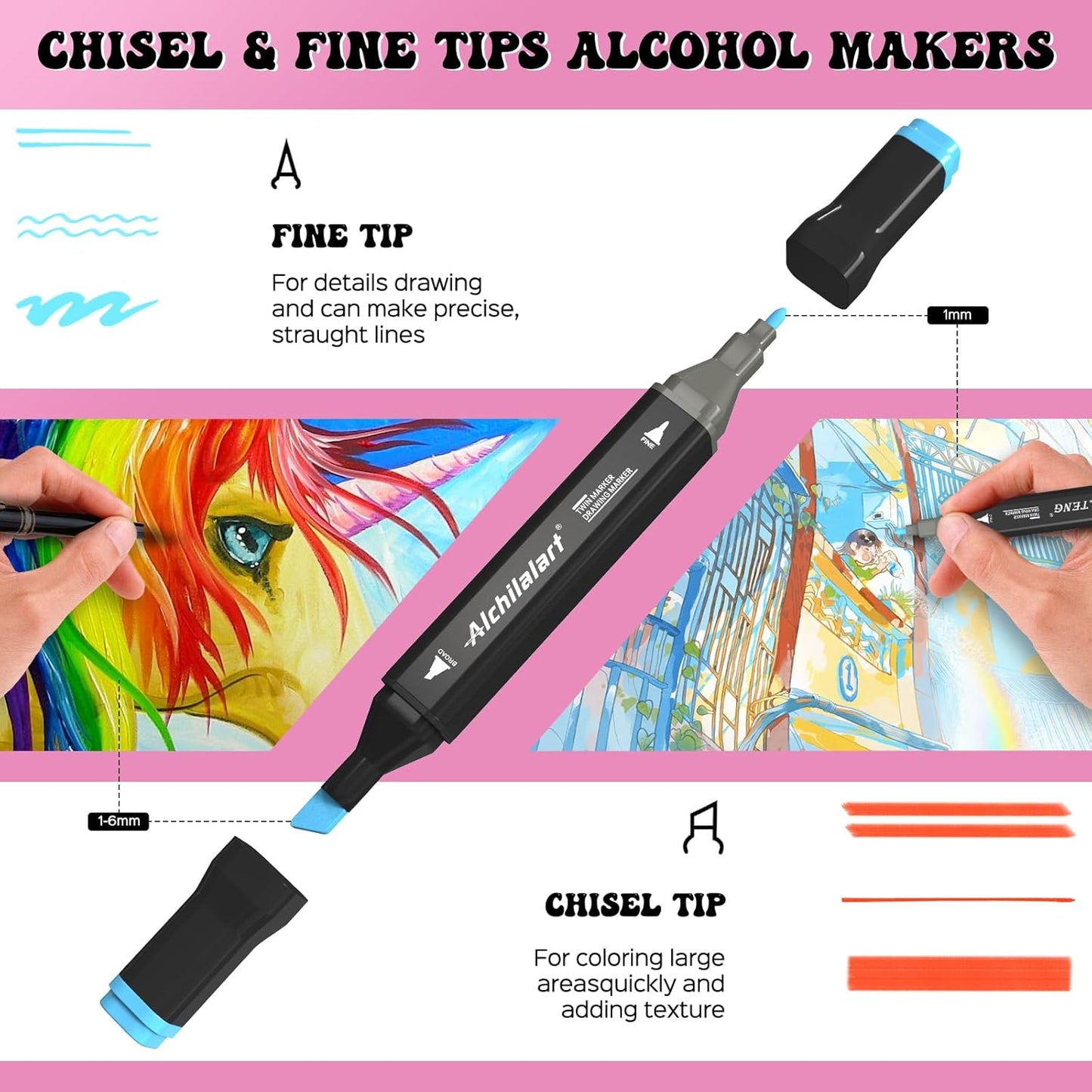 alchilalart 24 Colors Alcohol Based markers, Alcohol Markers Set, Dual Tip Alcohol Sketching Drawing Markers Animation for Adults Kids