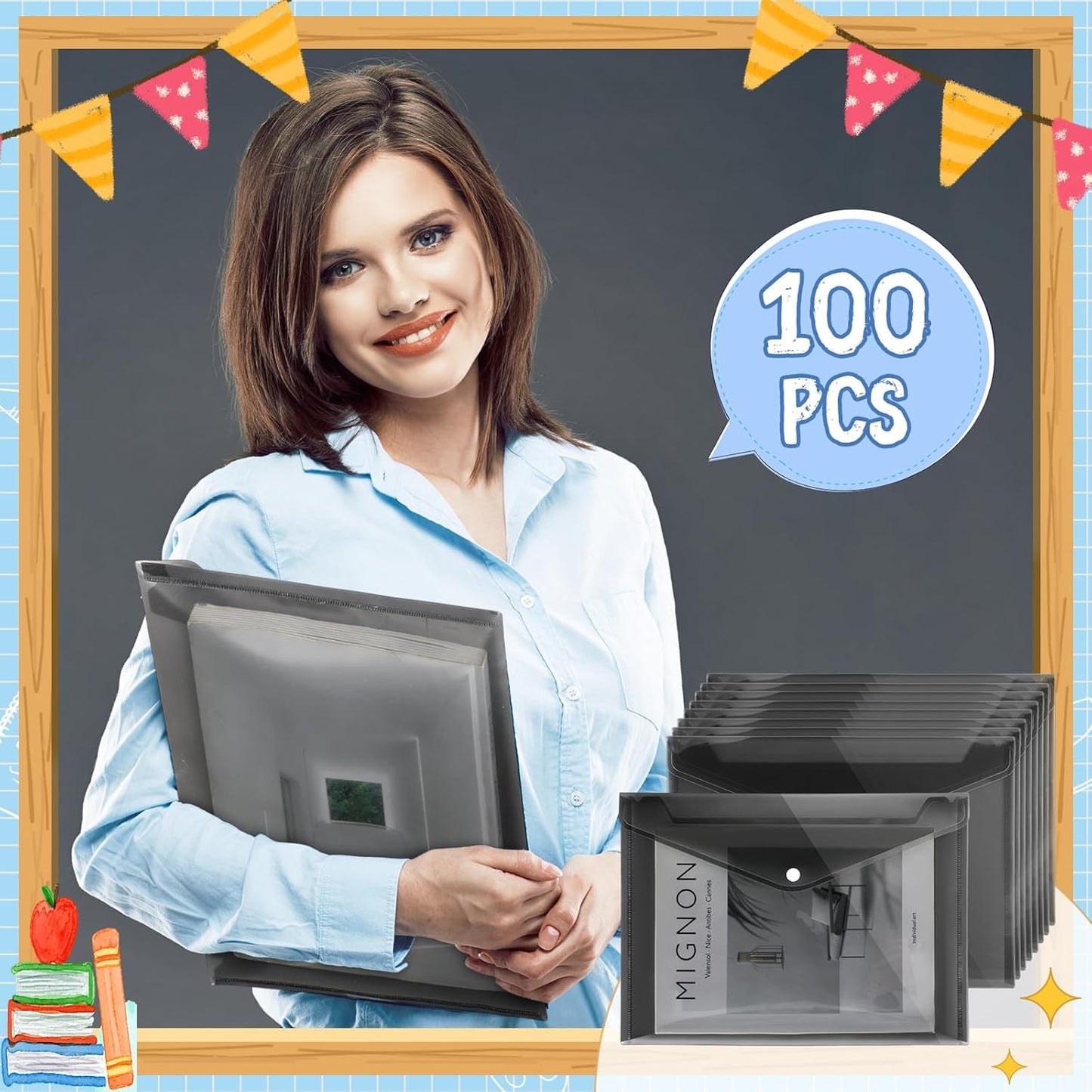 100 Pcs Clear Envelopes with Snap Button Closure Bulk A4 Letter Size Clear Plastic Envelope Folder Document Organizer File Folders for Office Home(Black)